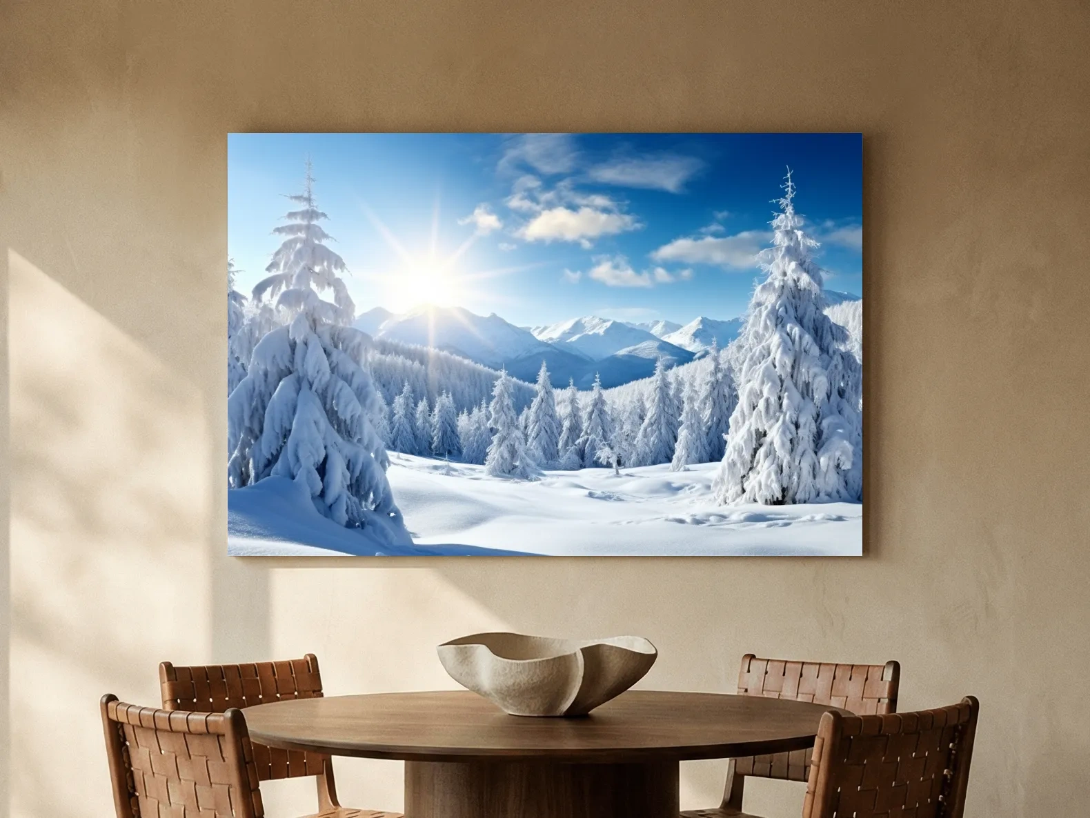 Sunlit Snowy Mountain Winter Landscape - Photographic Alpine Forest Wall Art