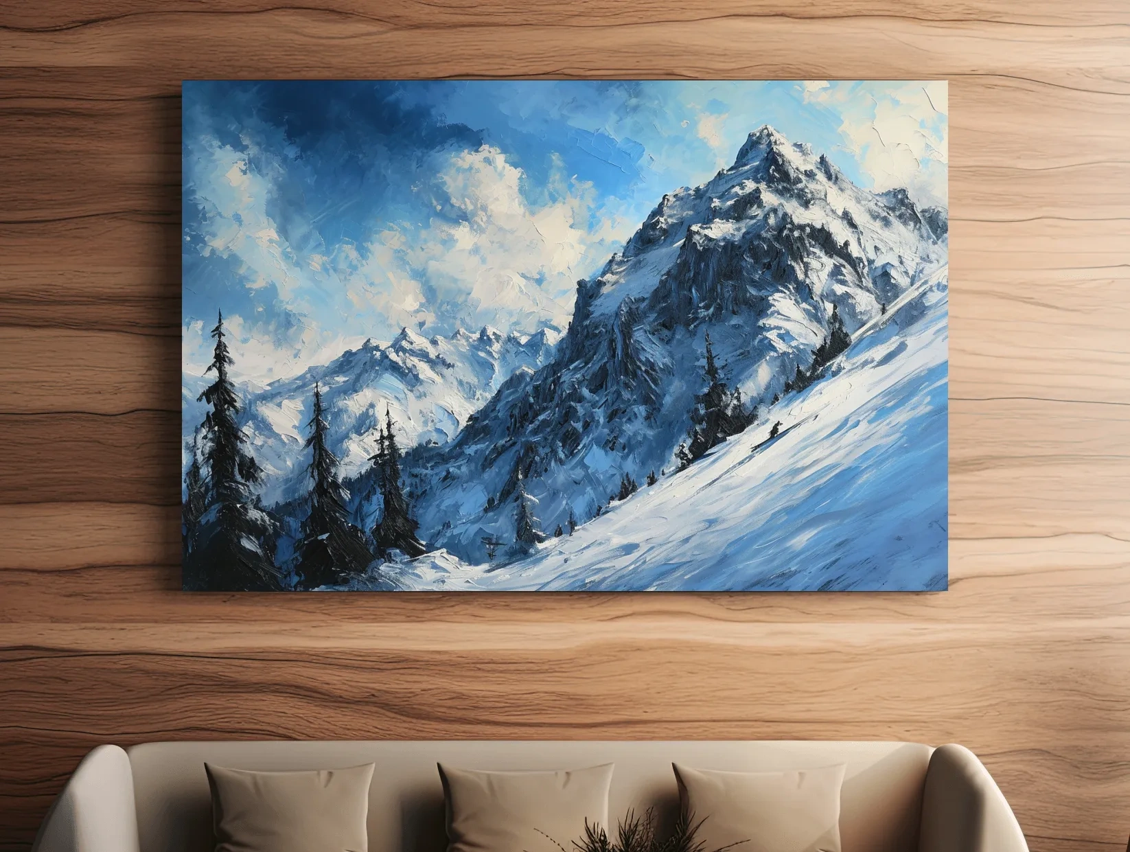 Textured oil painting of alpine snowy mountain