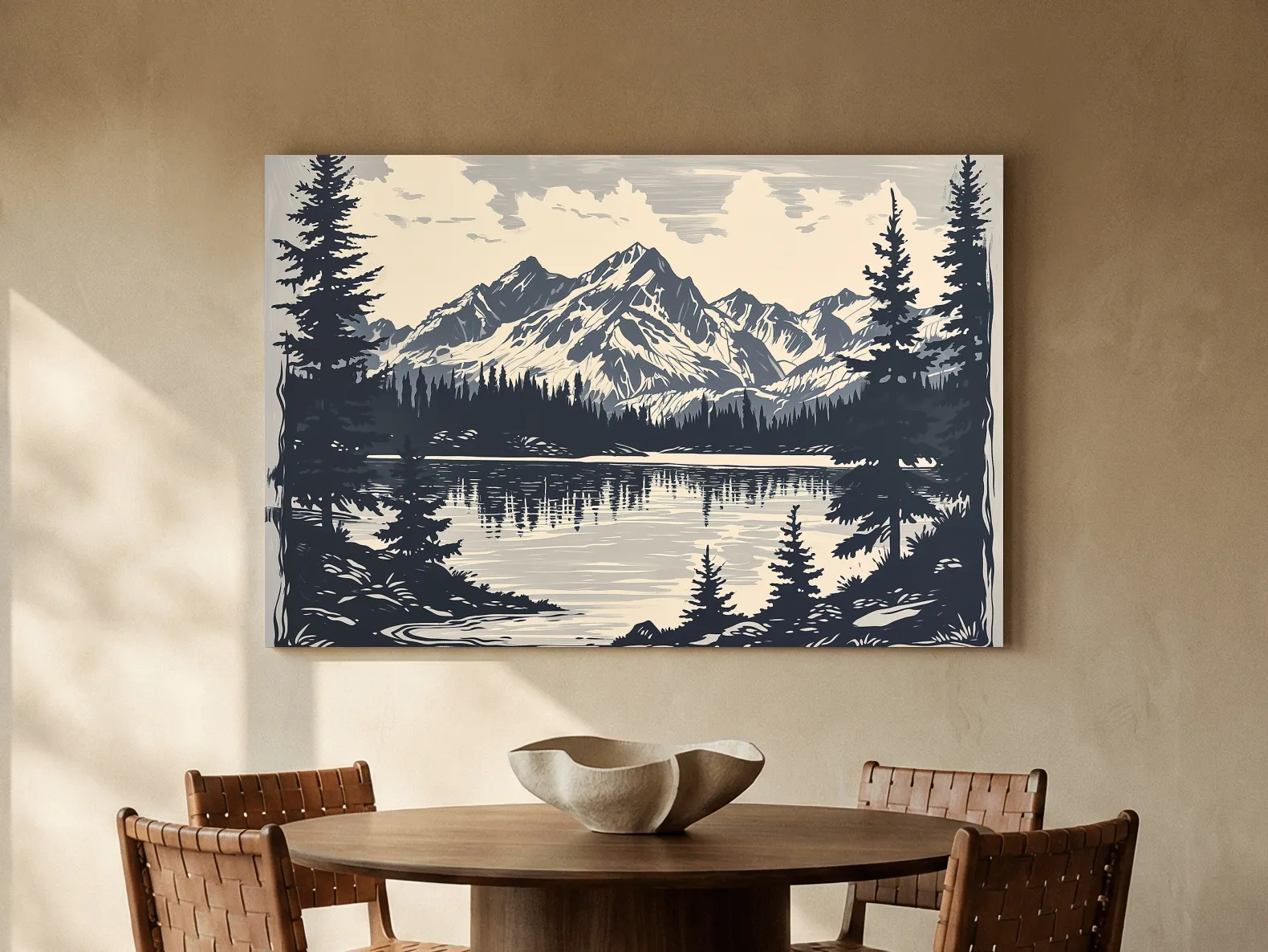 Vintage Alpine Lake Mountain Illustration - Monochrome Linocut Style Artwork