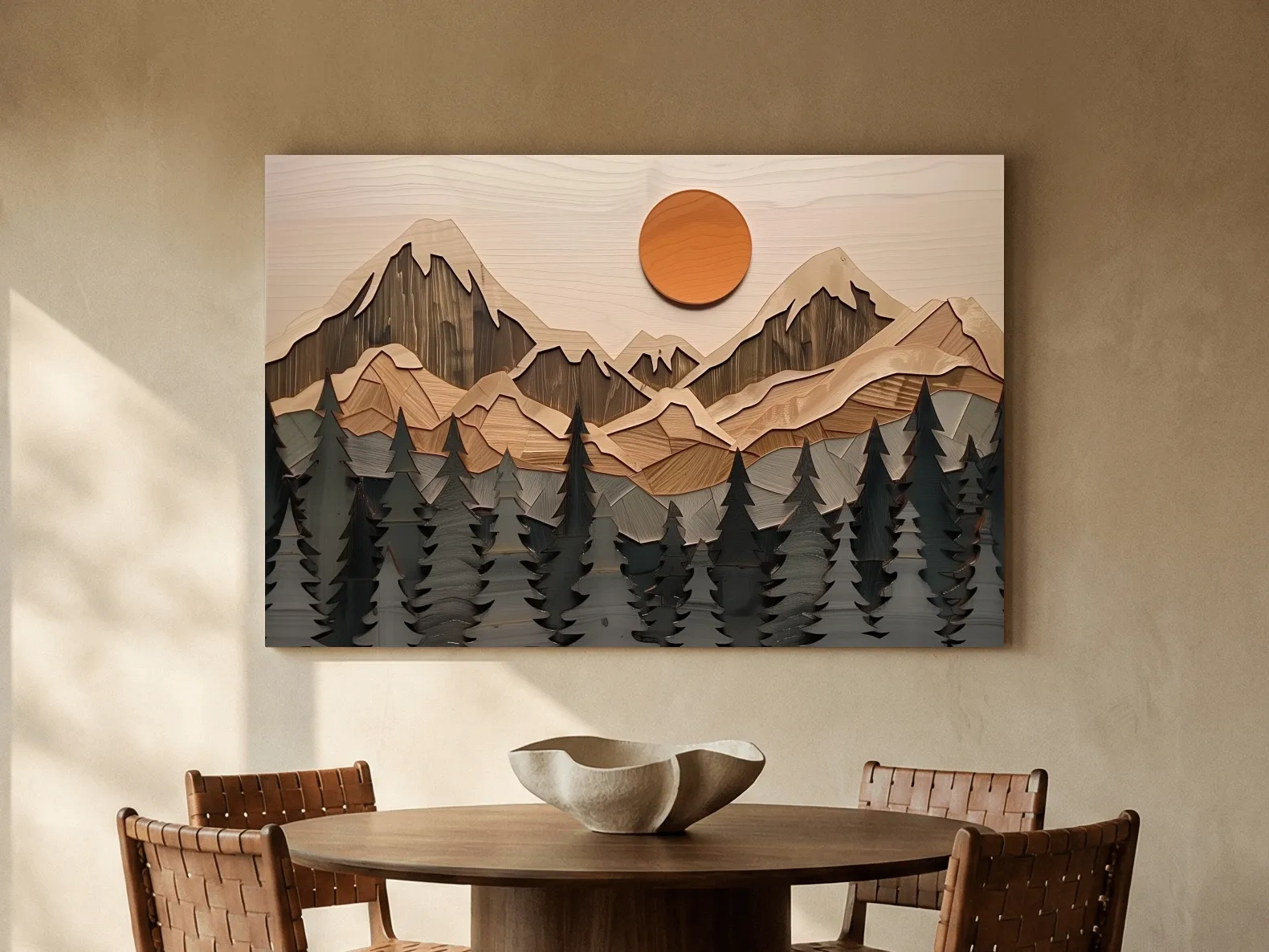 Rustic Geometric Wood Grain Mountain Sunrise - Pine Forest Landscape Wall Art