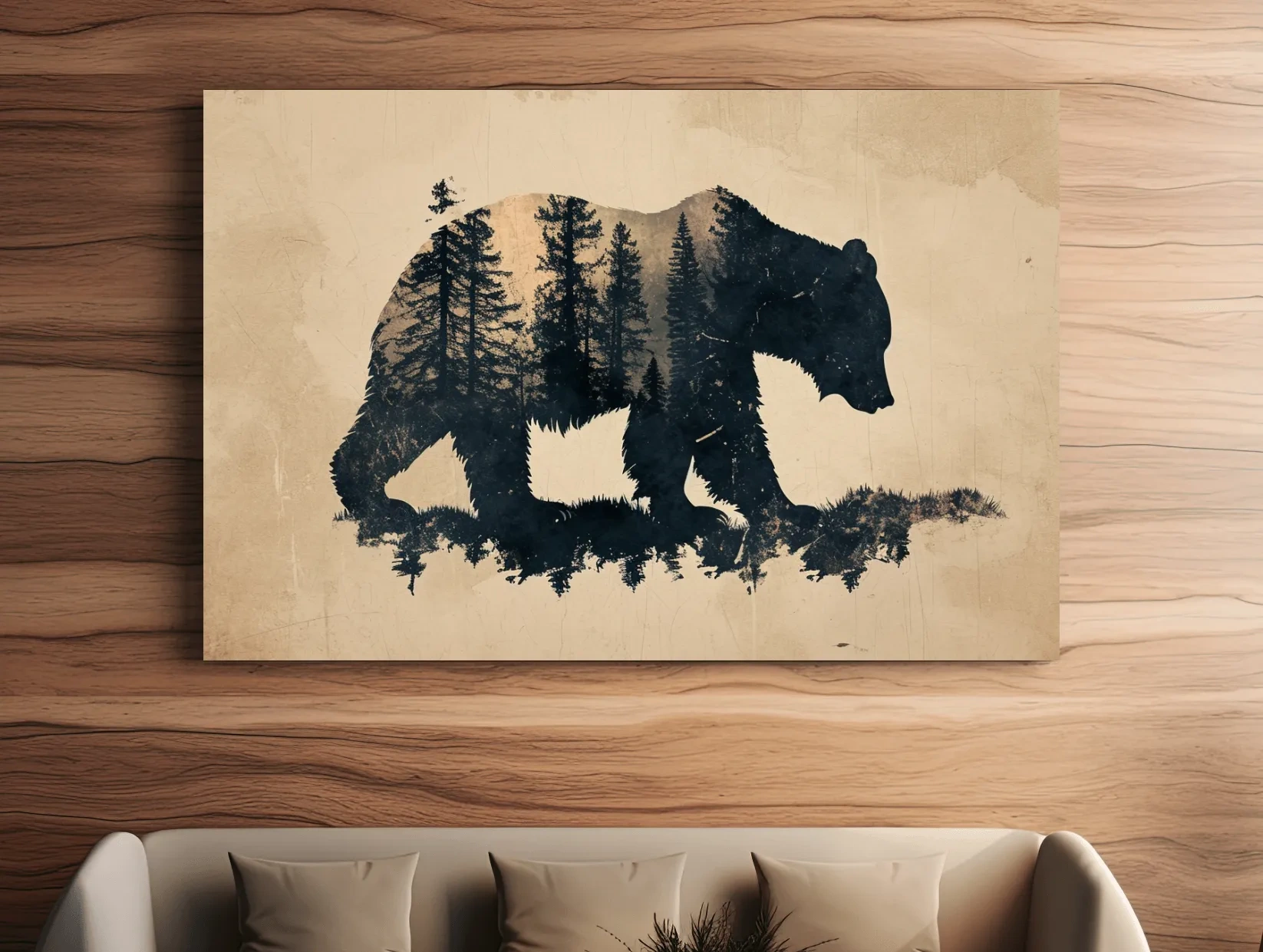 Vintage Grizzly Bear Forest Silhouette - Rustic Sepia Double Exposure Wildlife Wall Art