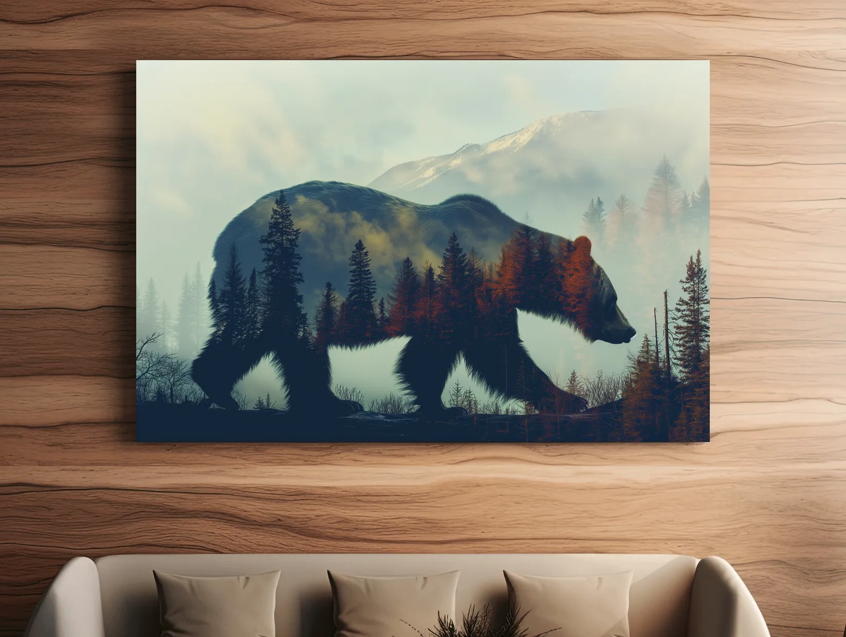 Double exposure photographic artwork of a beer silhouette in the mountains