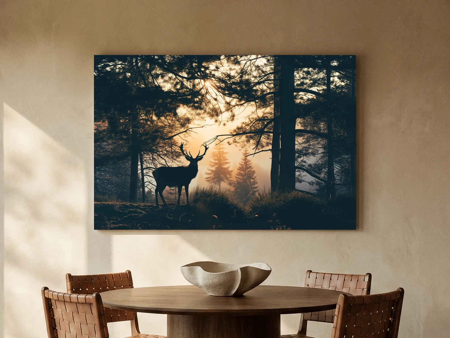 Moody Deer Silhouette In Misty Pine Forest - Golden Sunrise Wildlife Wall Art