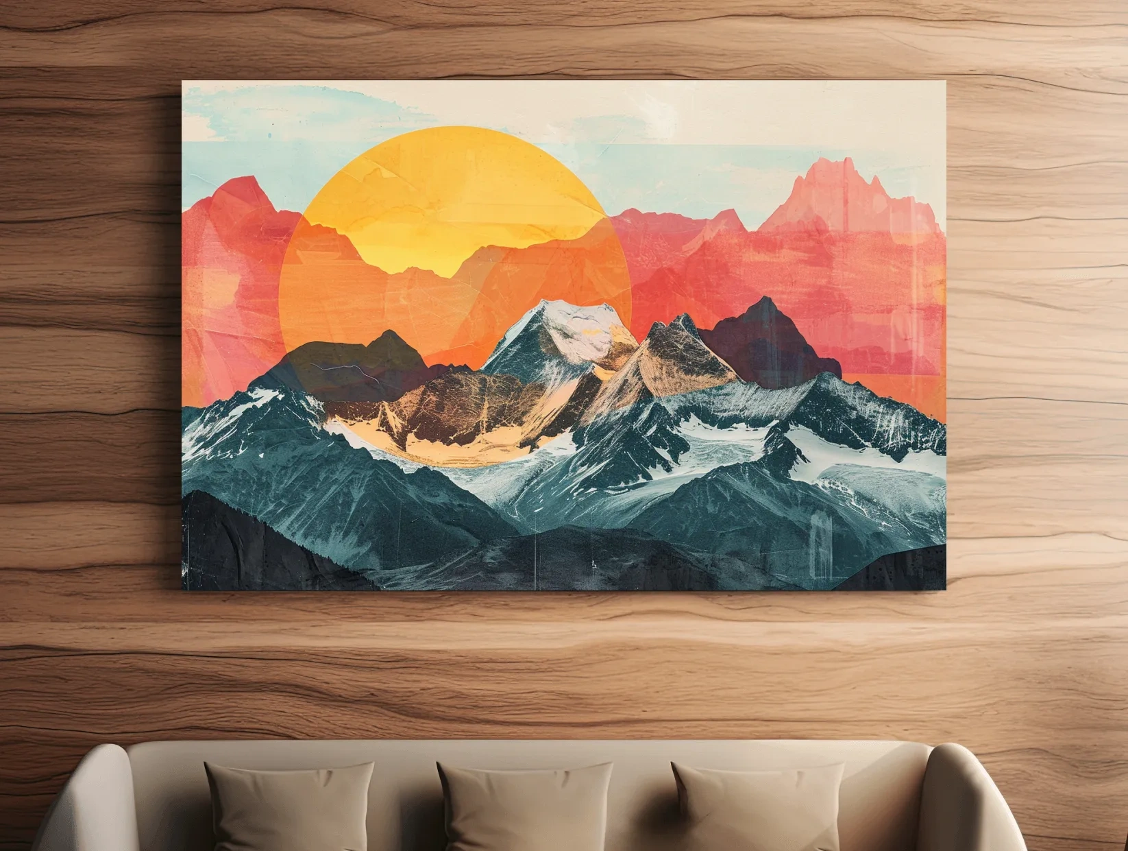 Abstract Alpine Mountains With Golden Sun - Modern Collage Landscape Artwork