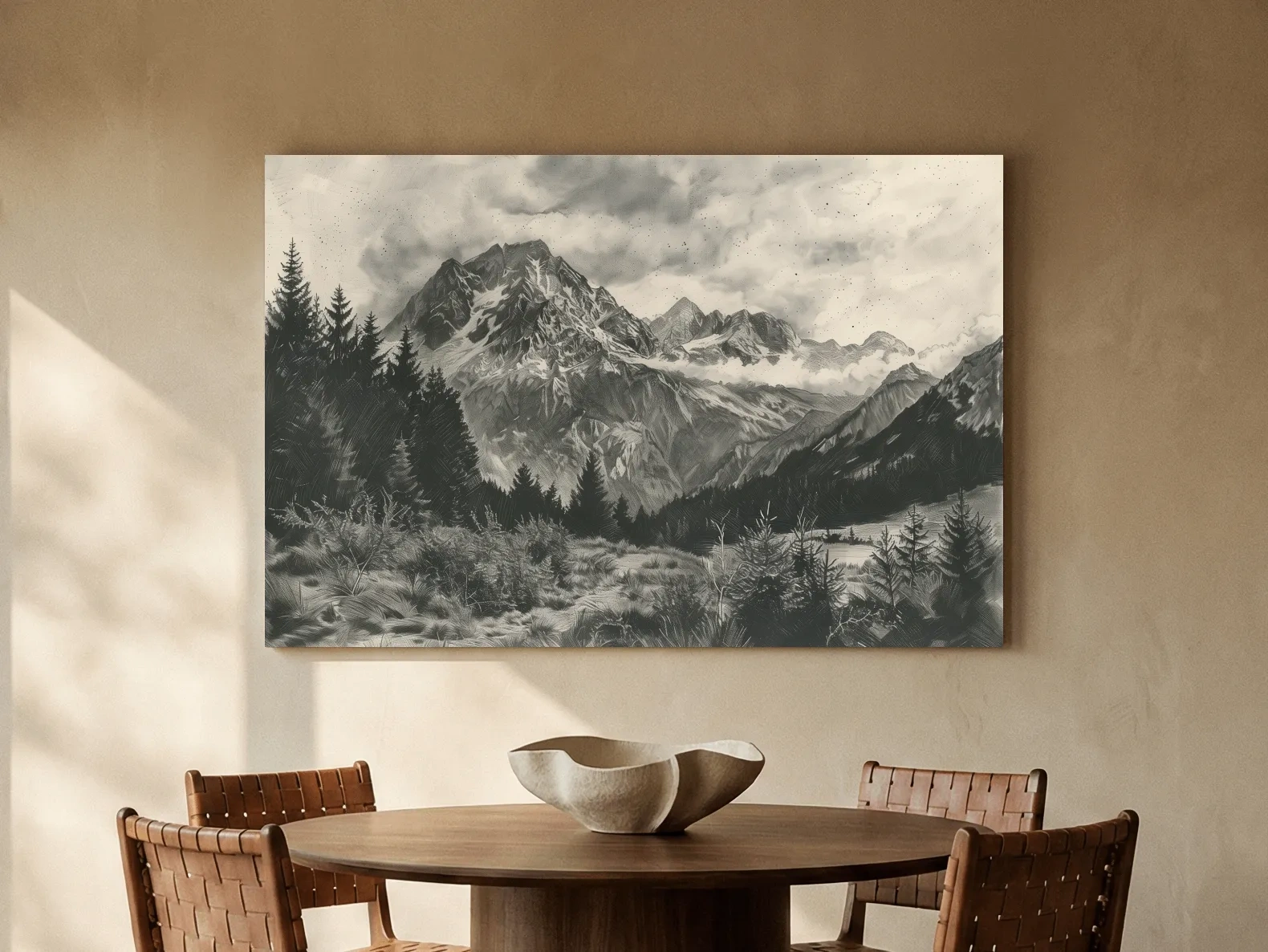 Monochrome Alpine Meadows Mountain Range - Vintage Sketch Landscape Wall Art