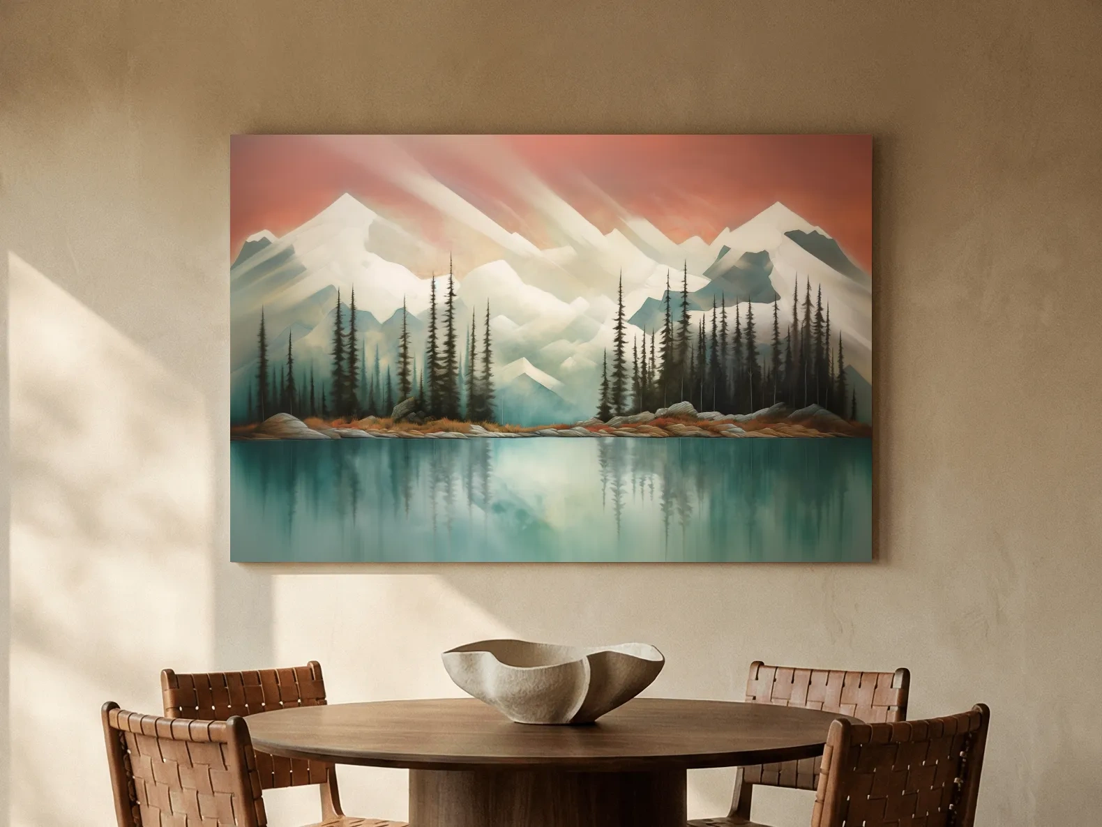 Abstract Alpine Lake Landscape Painting - Serene Pine Forest Mountain Wall Art