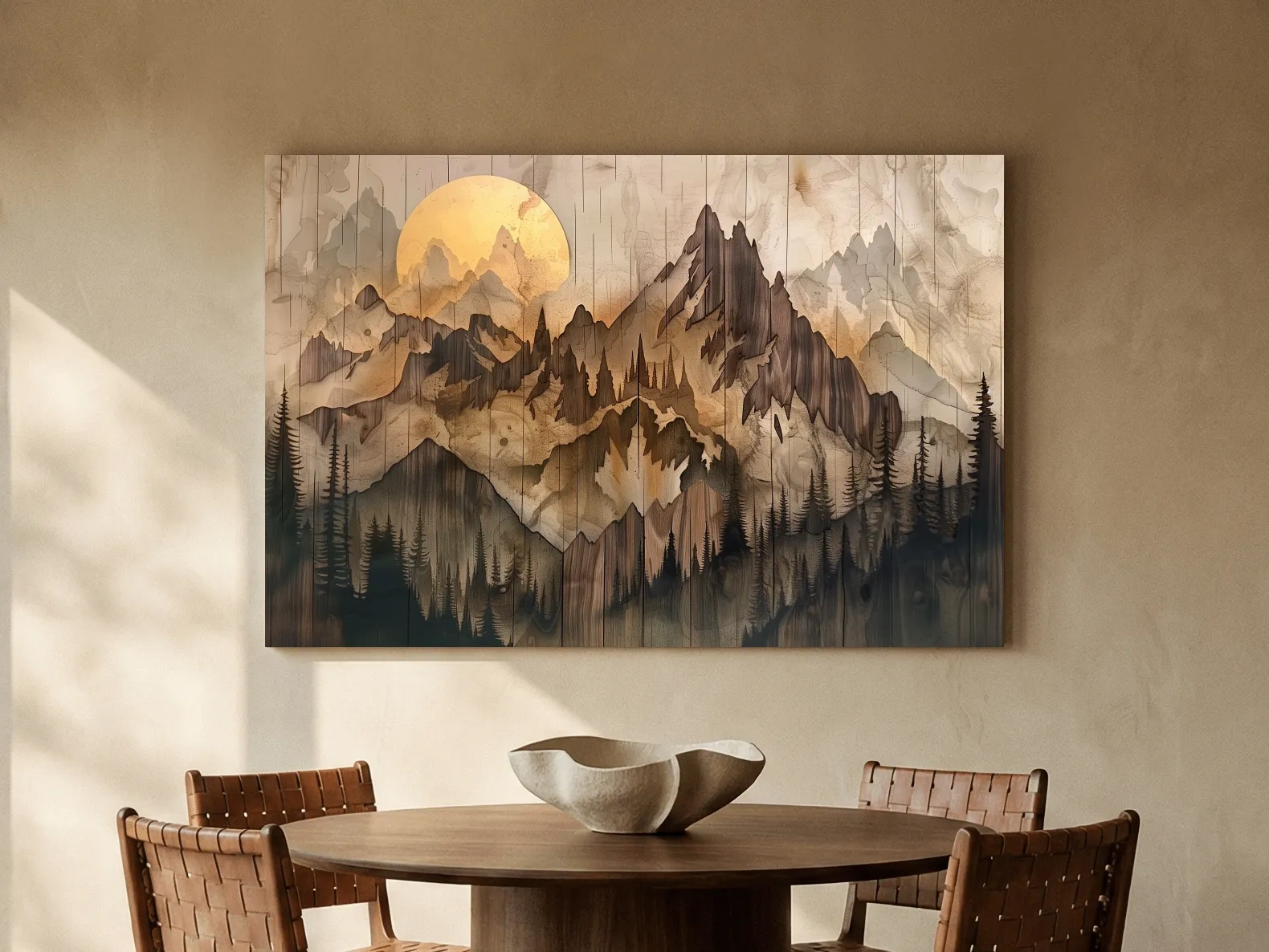 Rustic Sepia Mountain Sunrise Landscape - Vintage Wood Grain Watercolor Artwork