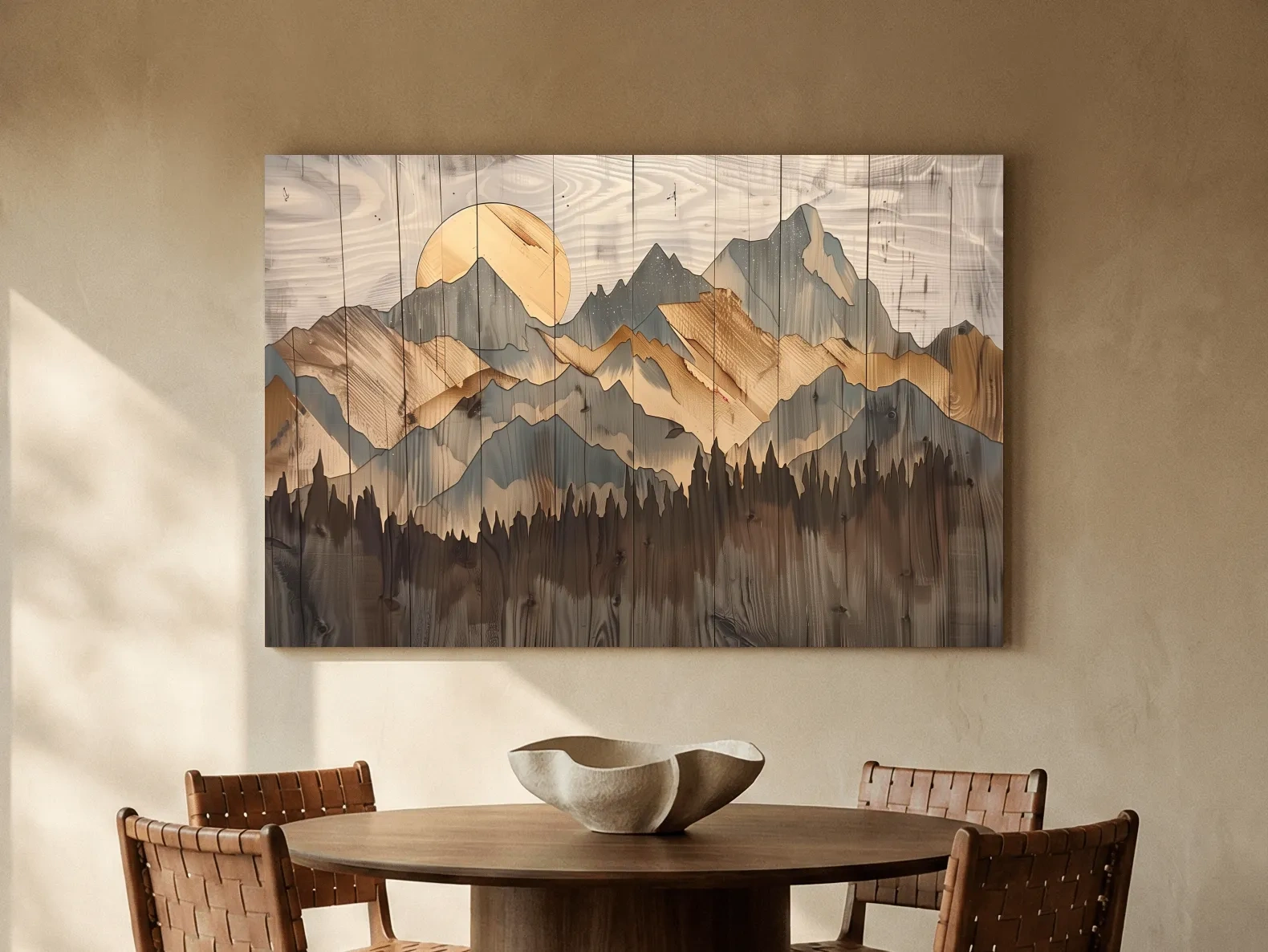 Rustic Mountain Range Sunrise - Woodgrain Style Forest Wall Art