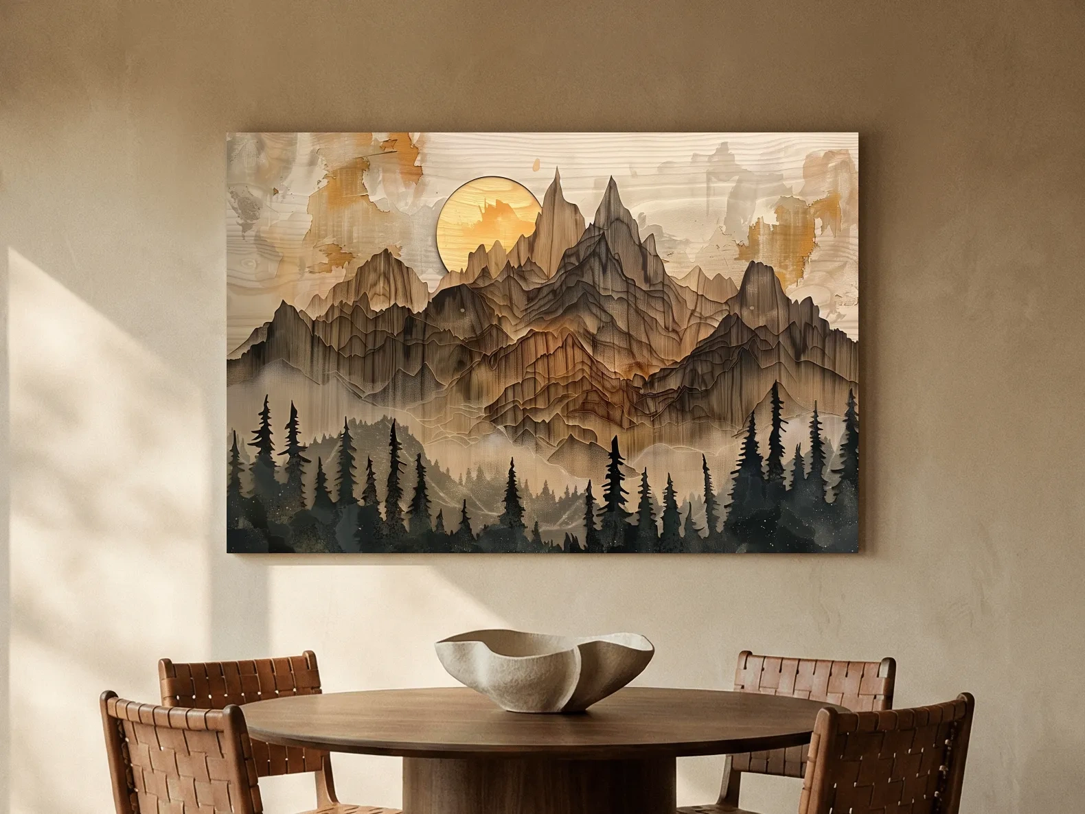 Rustic Mountain Sunset Landscape - Woodcut Style Alpine Wall Art