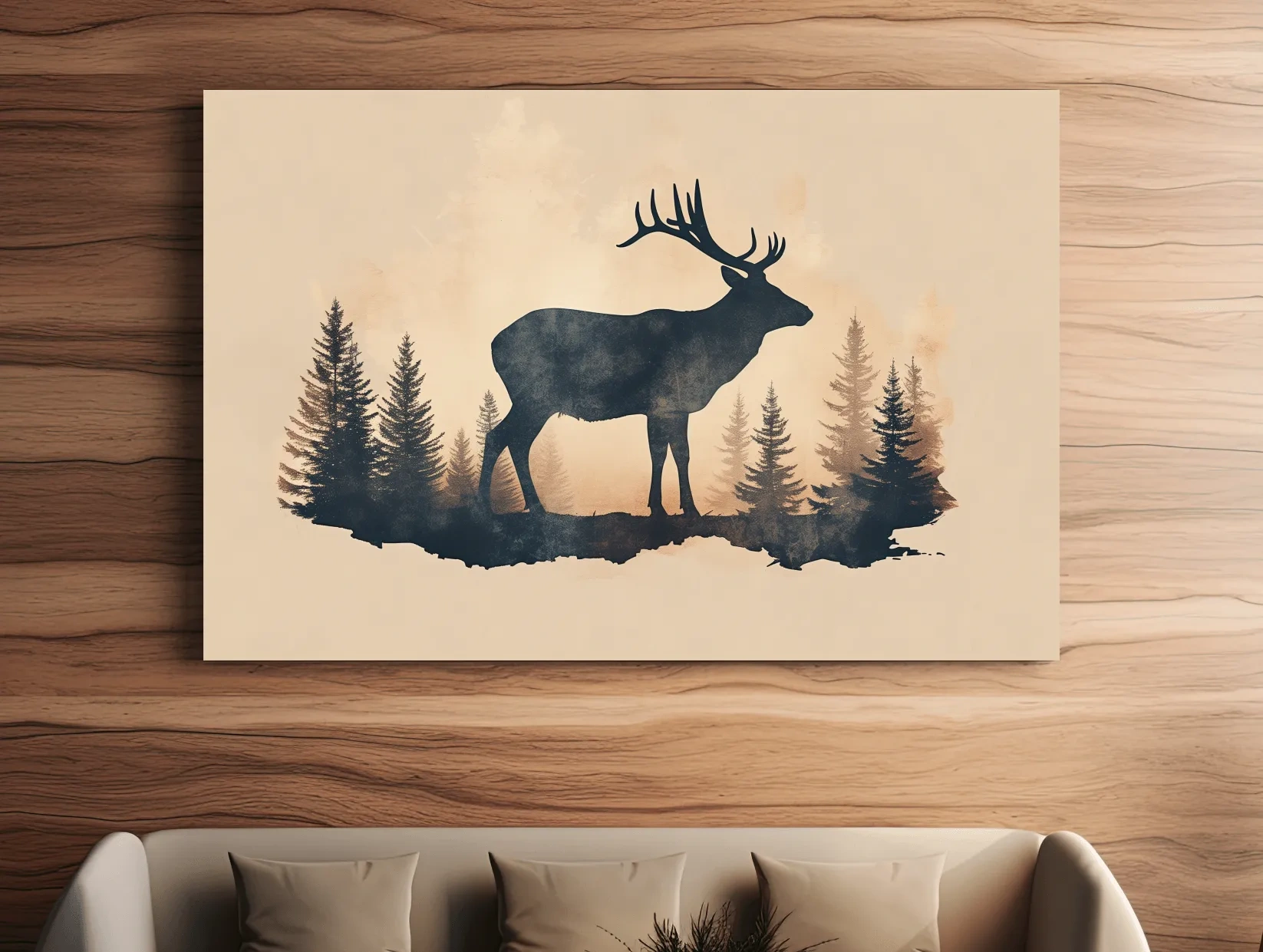 Vintage Sepia Deer Silhouette In Pine Forest - Rustic Woodland Artwork