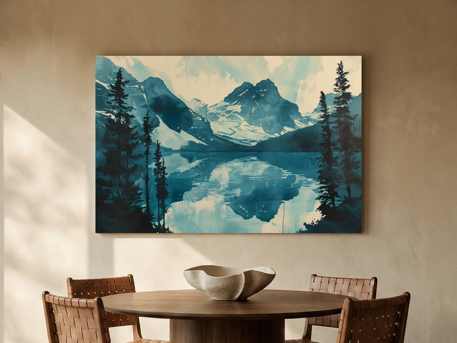 Serene Rocky Mountains lake, watercolour postcard style painting