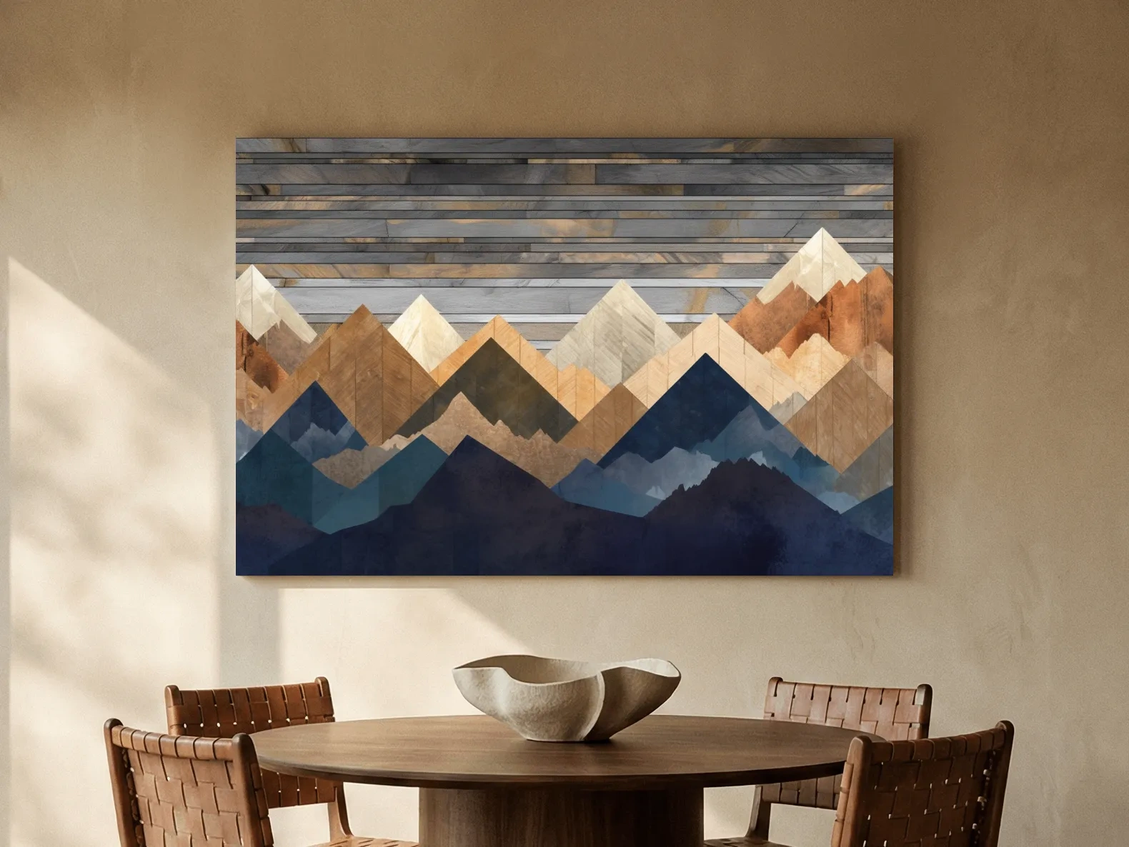 Geometric Layered Mountain Peaks - Rustic Wood Texture Abstract Wall Art