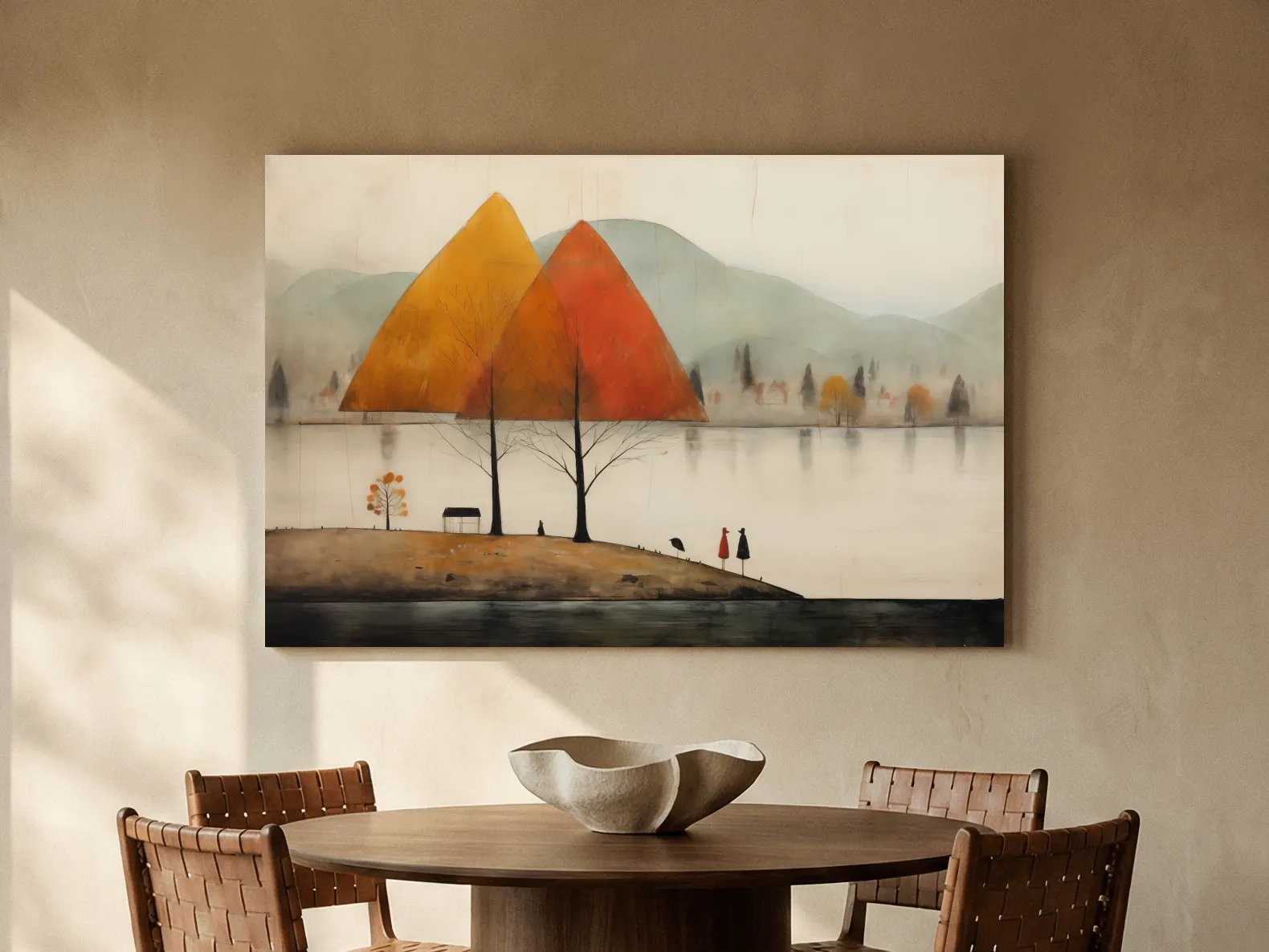 Autumn Mountains Over Misty Lakeside - Quirky Landscape Artwork