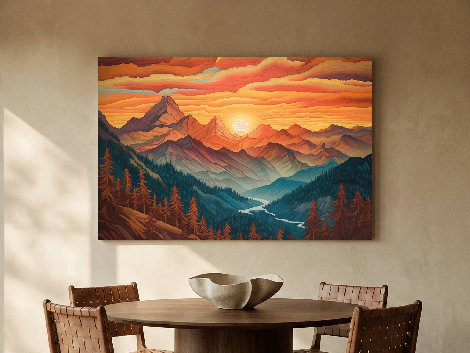 Vibrant Sunset Mountain Range Illustration - Layered Alpine Landscape Wall Art
