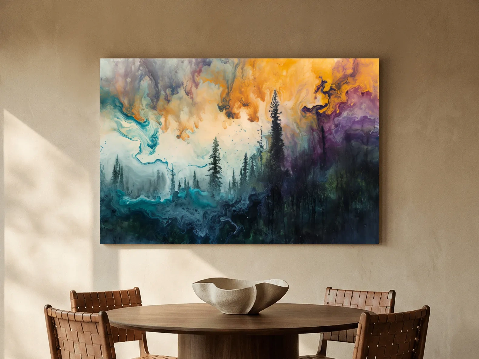 Vibrant Abstract Forest Smoke Swirls - Fluid Acrylic Style Wall Art