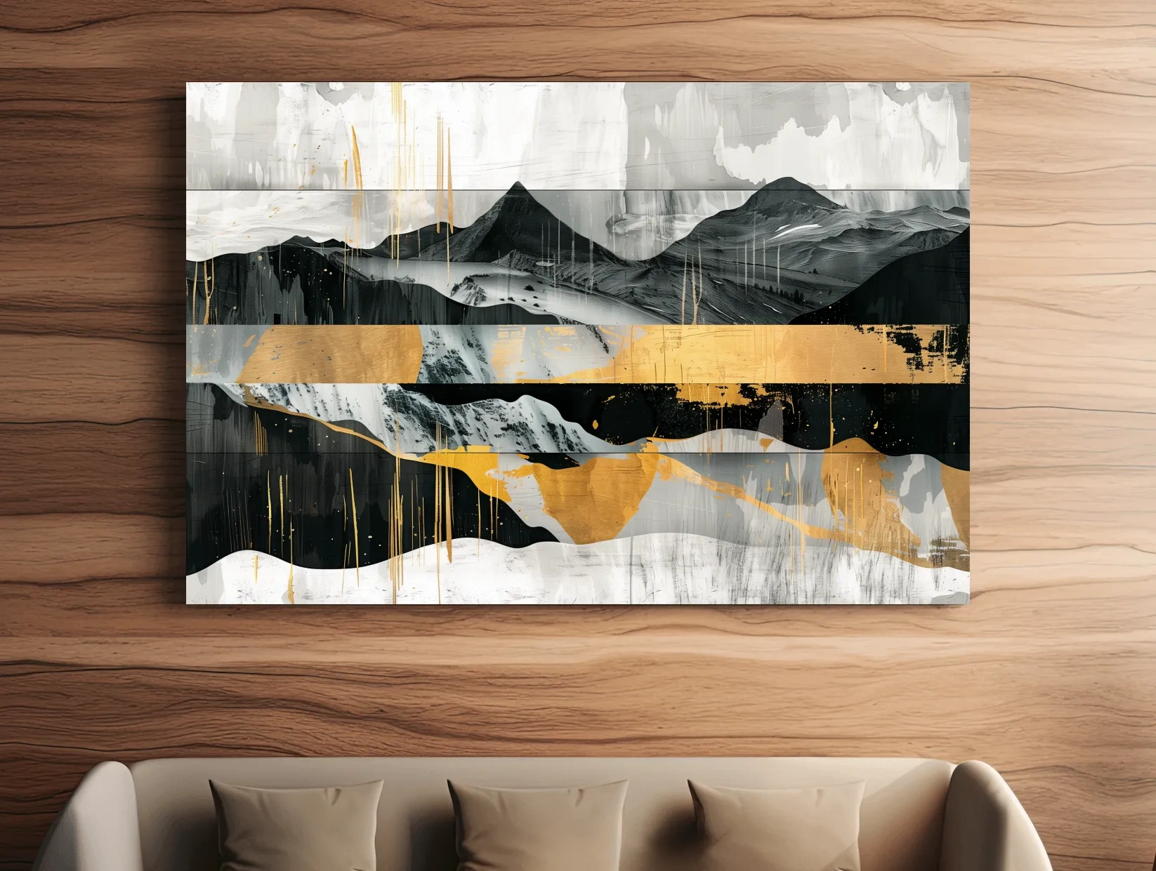 Abstract Monochrome Mountain Range With Gold Accents - Modern Mixed Media Landscape Wall Art
