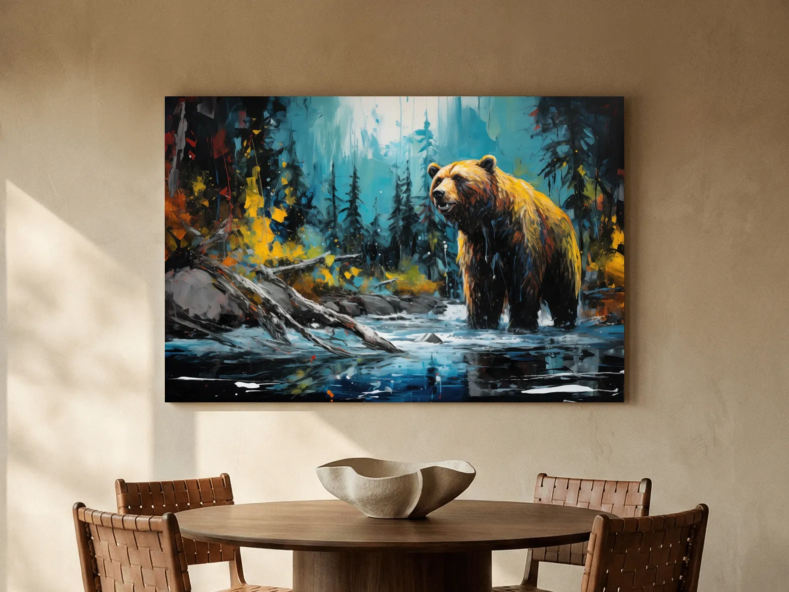 Grizzly Bear Forest River Painting - Vibrant Wildlife Nature Wall Art