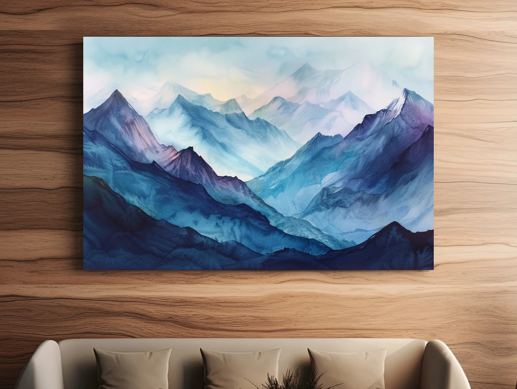 Misty Blue Watercolor Mountain Range Artwork - Serene Colourful Landscape Wall Art
