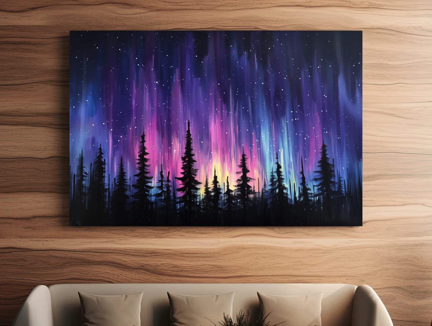 Vibrant Purple Northern Lights & Silhouetted Pine Forest - Aurora Borealis Painting Wall Art