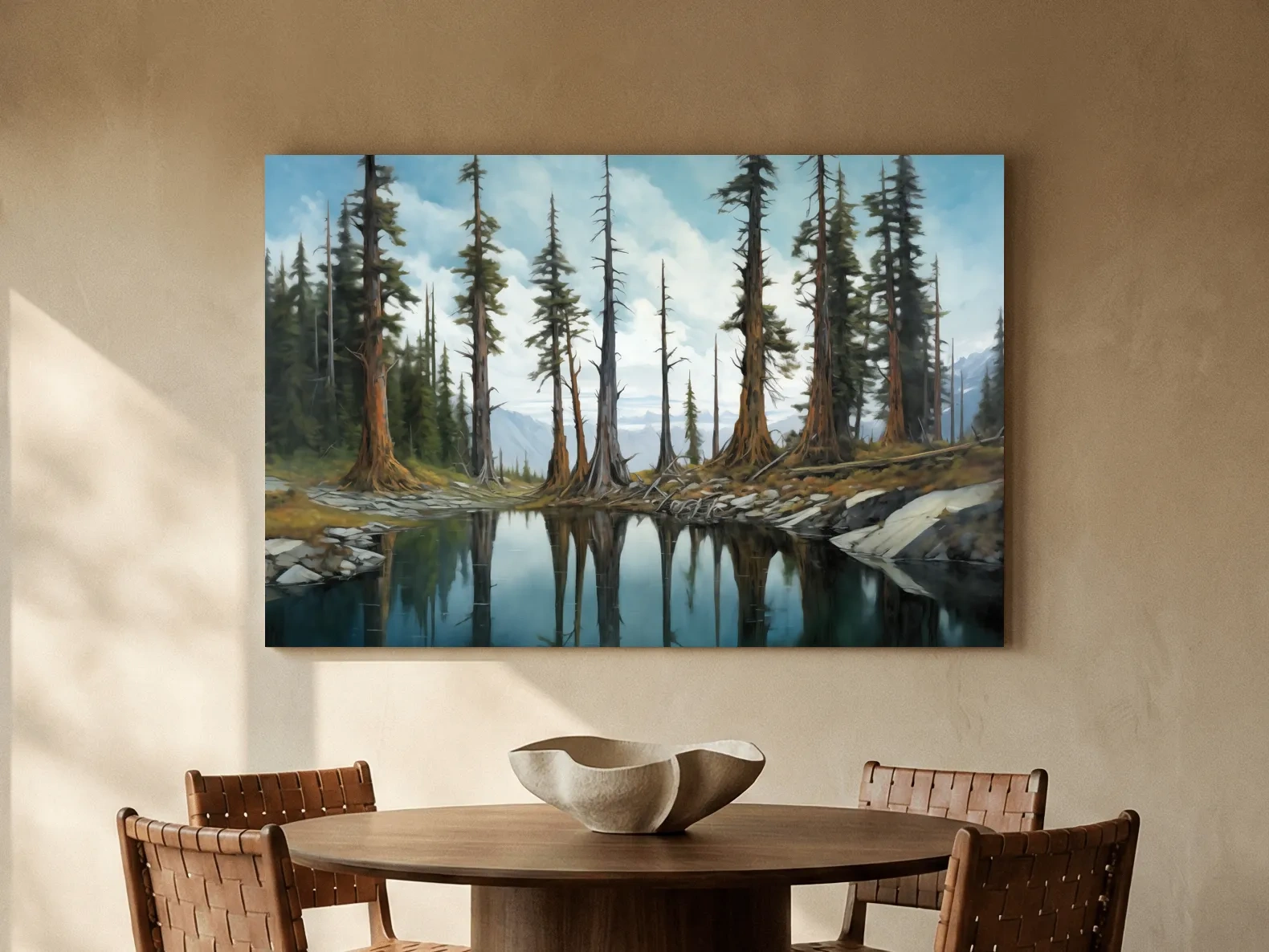 Pine Forest Lake Reflection Painting - Serene Wilderness Landscape Wall Art