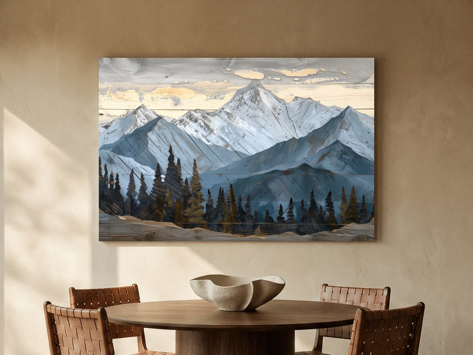 Alpine Forest Mountain Range Artwork - Rustic Woodgrain Landscape Wall Art