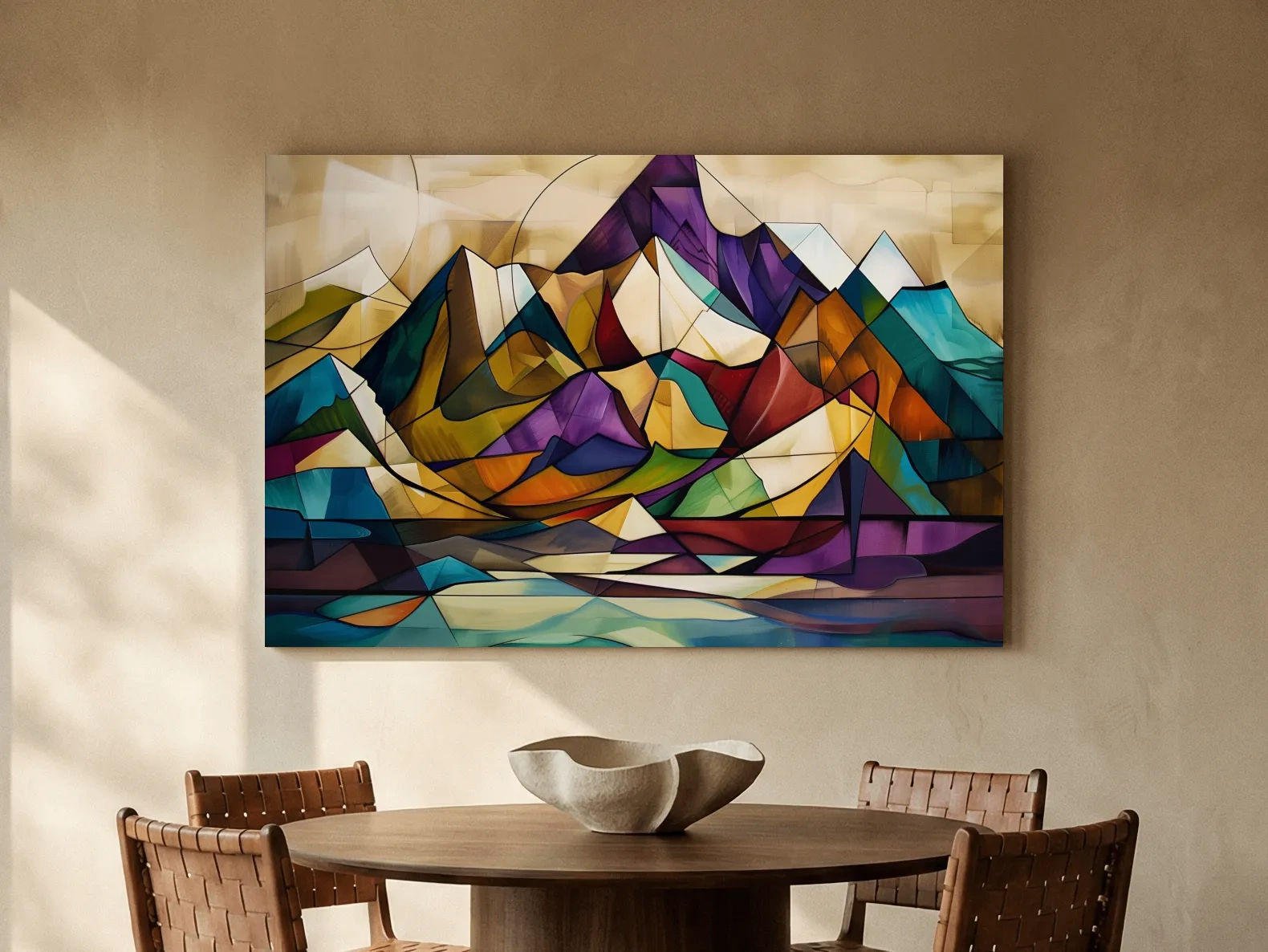 Vibrant Leadlight Style Mountain Range Painting - Abstract Colorful Stained Glass Wall Art