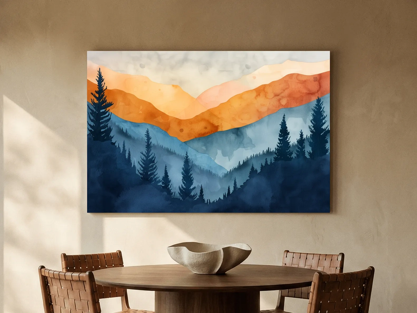 Moody Watercolor Mountain Range Silhouette - Pine Forest Painting Wall Art