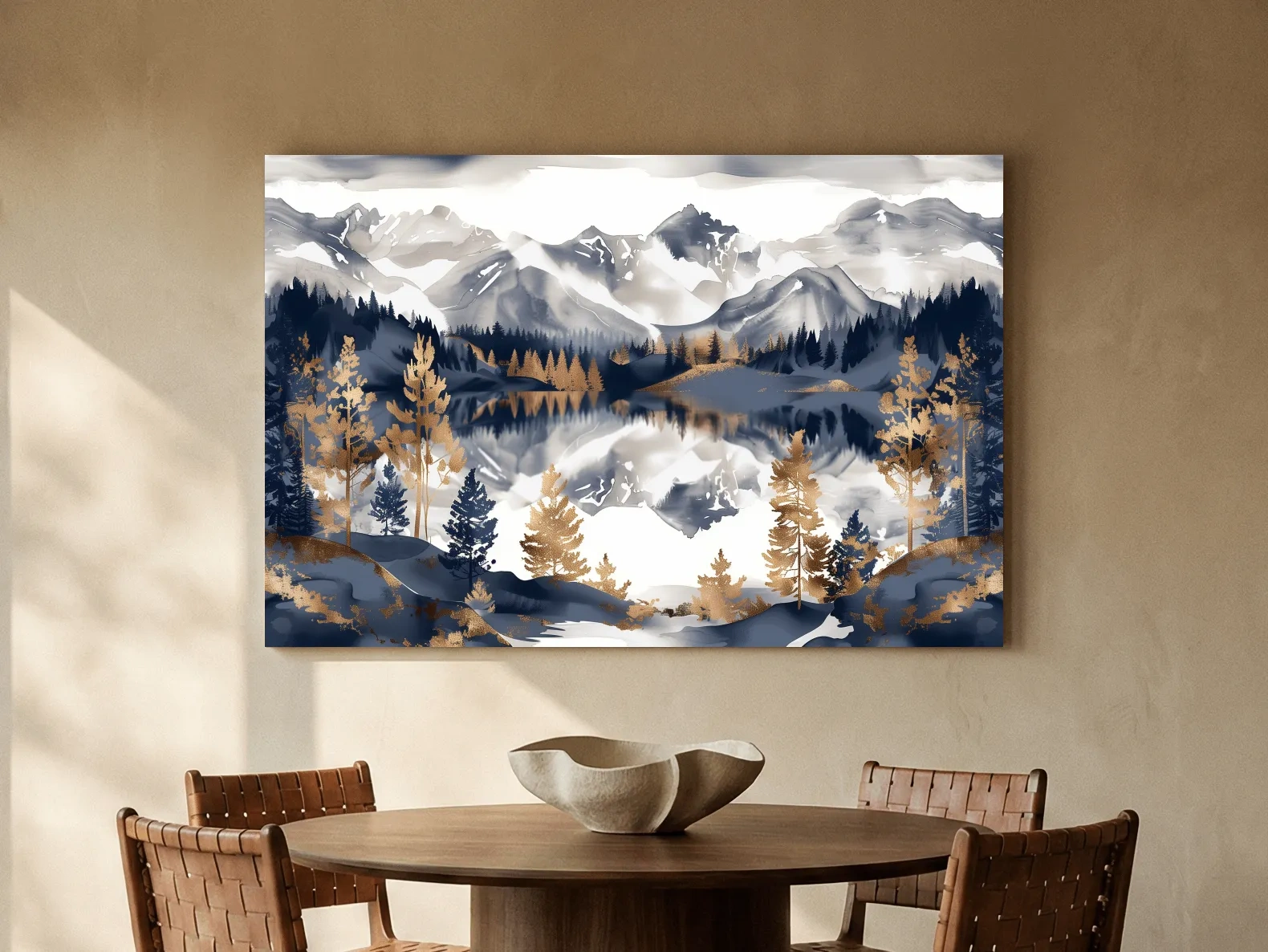 Gold Leaf Style Watercolor Alpine Lake Reflection - Mountain Landscape Artwork