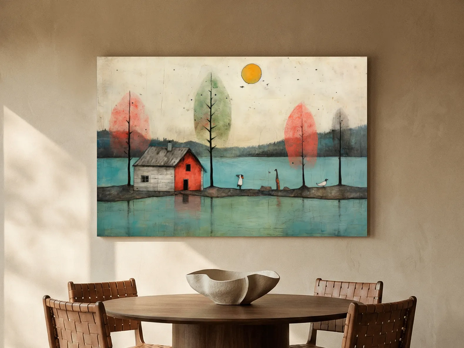 Whimsical Lakeside Cabin Illustration - Rustic Folk Landscape Wall Art