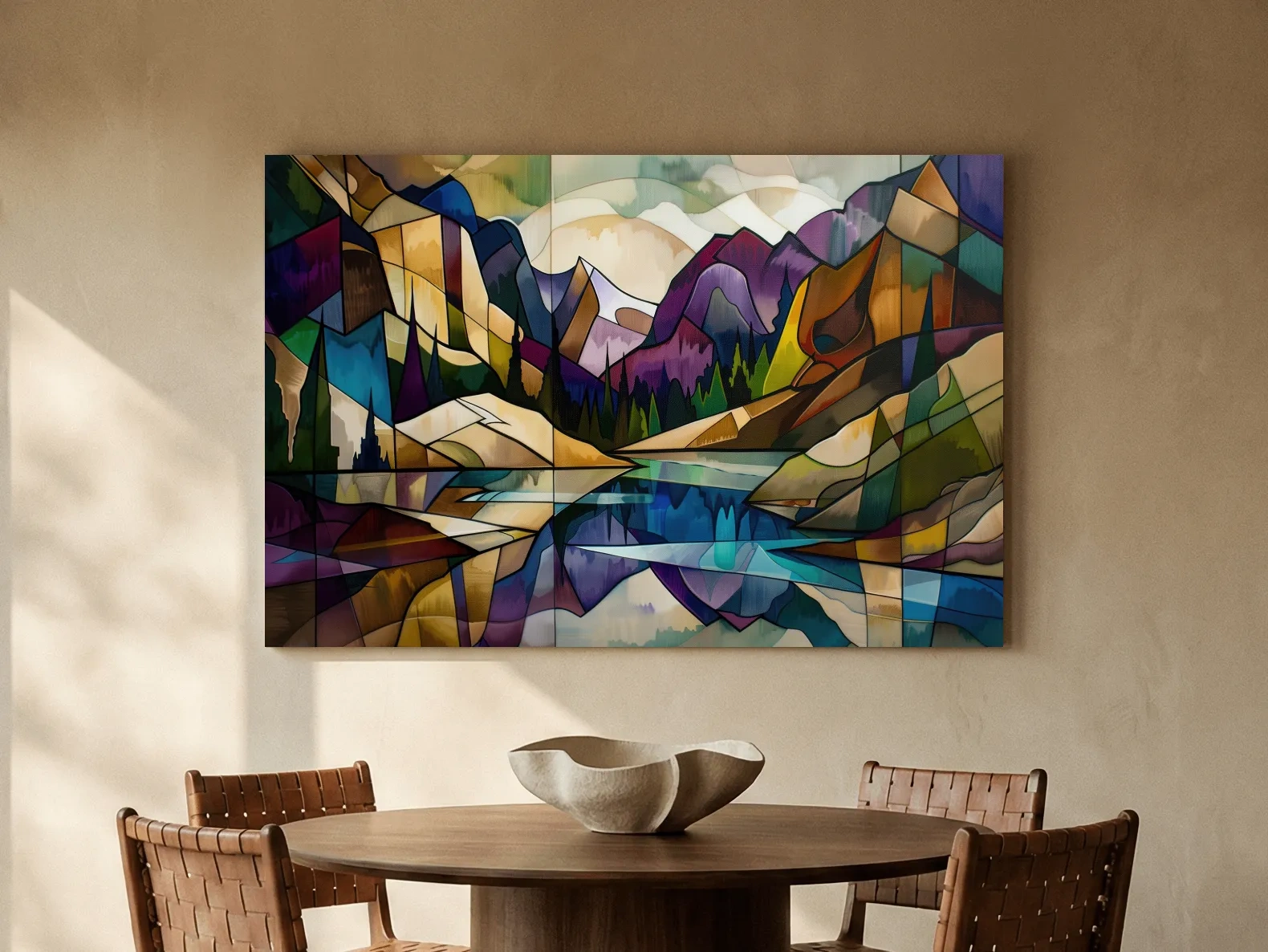 Abstract Stained Glass Mountain Lake Landscape - Colorful Geometric Alpine Wall Art