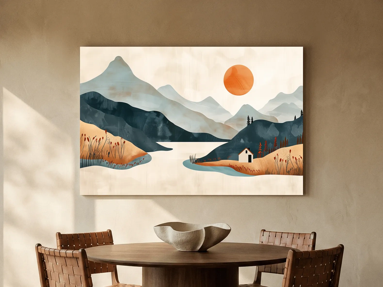 Minimalist Mountain Sunset Lake Cabin Illustration - Modern Scandinavian Wall Art