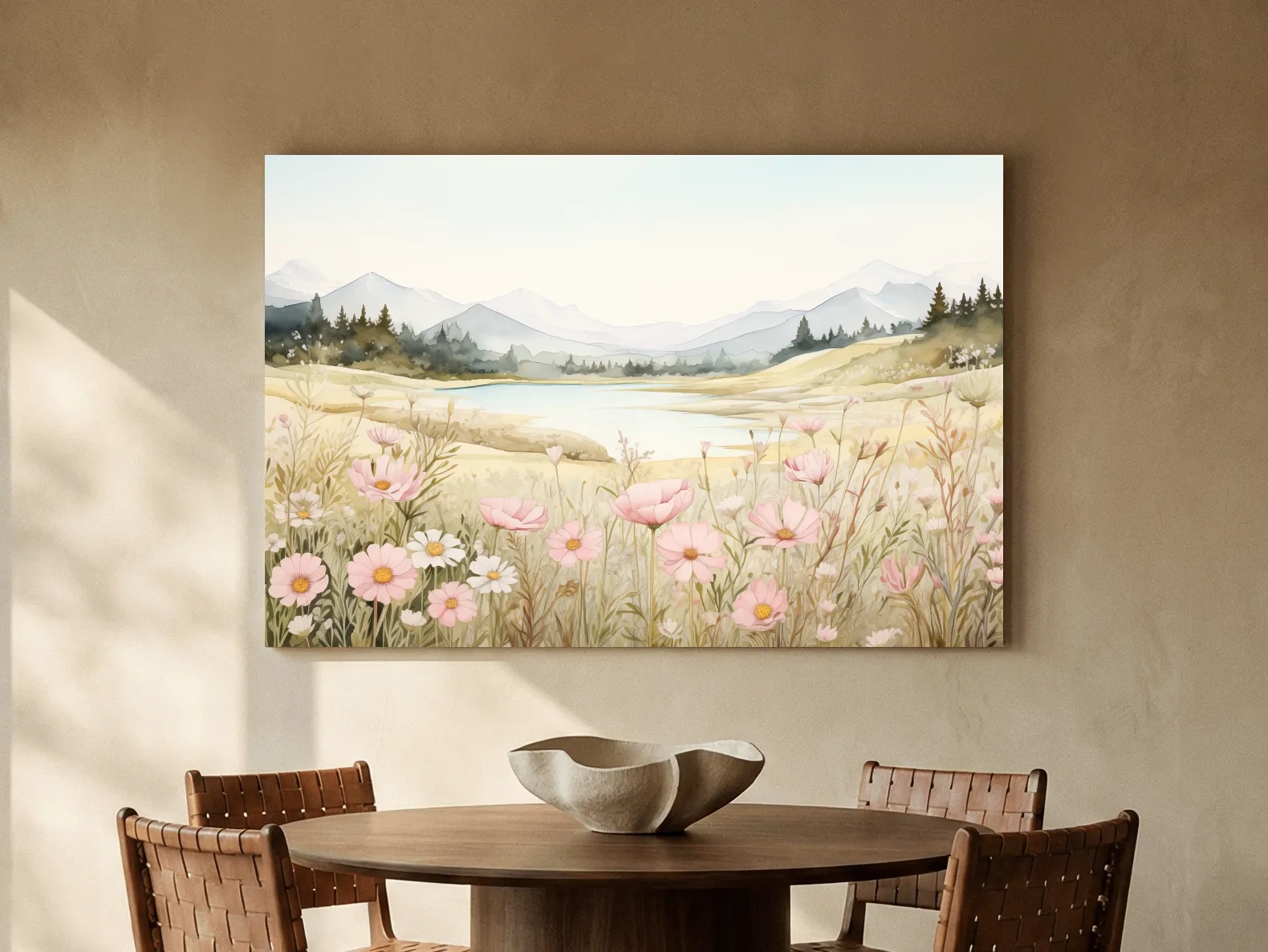 Soft Watercolor Wildflower Meadow Landscape - Serene Pastel Alpine Wall Art
