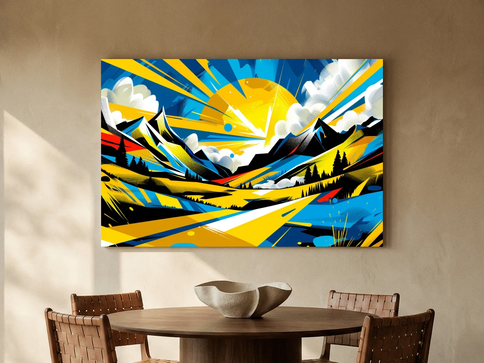 Vibrant Geometric Graffiti Mountain Sunset Landscape - Bold Pop Art Style Wall Art