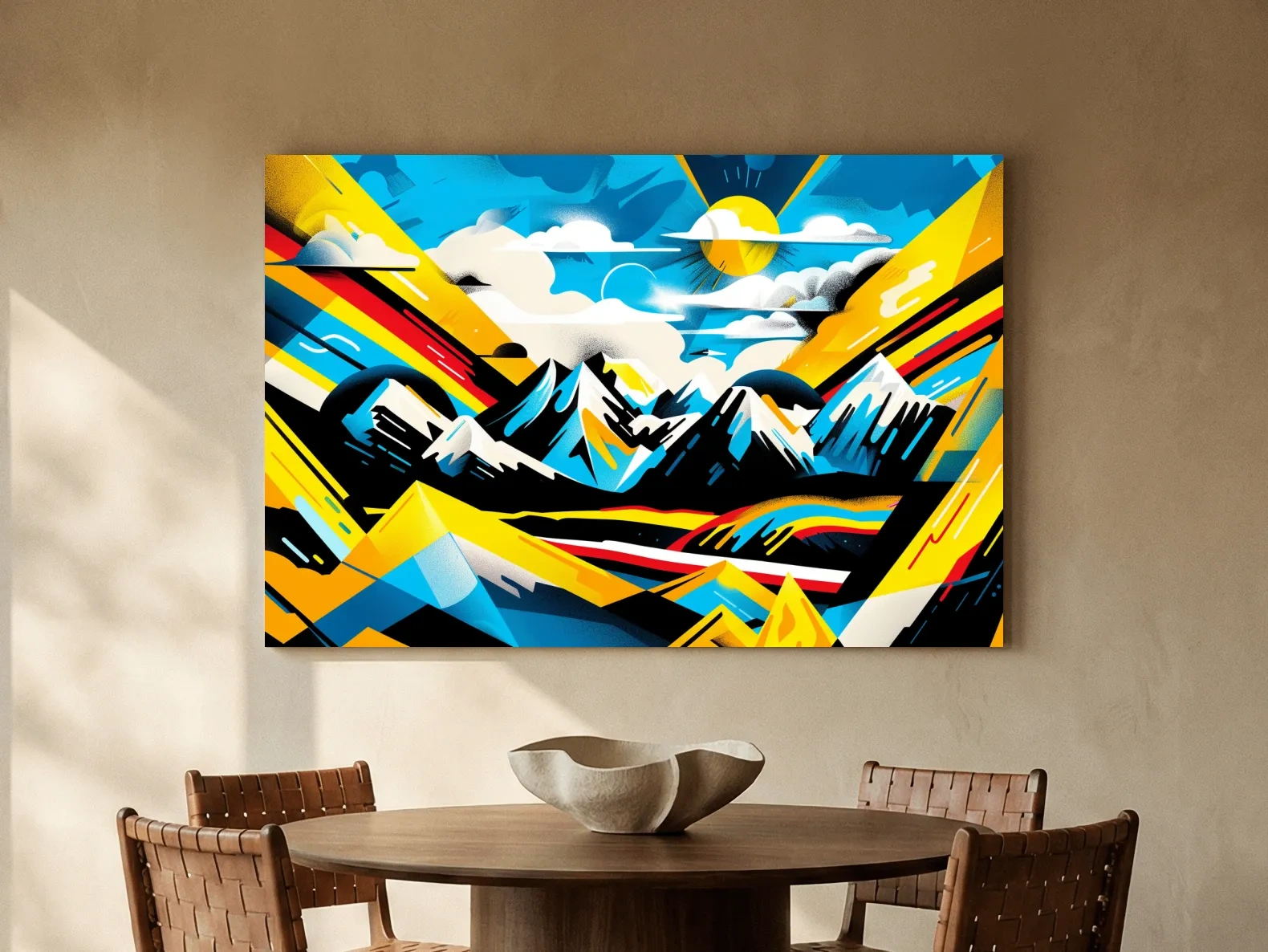 Vibrant Colorful Mountain Sunrise Illustration - Graffiti Style Landscape Wall Art