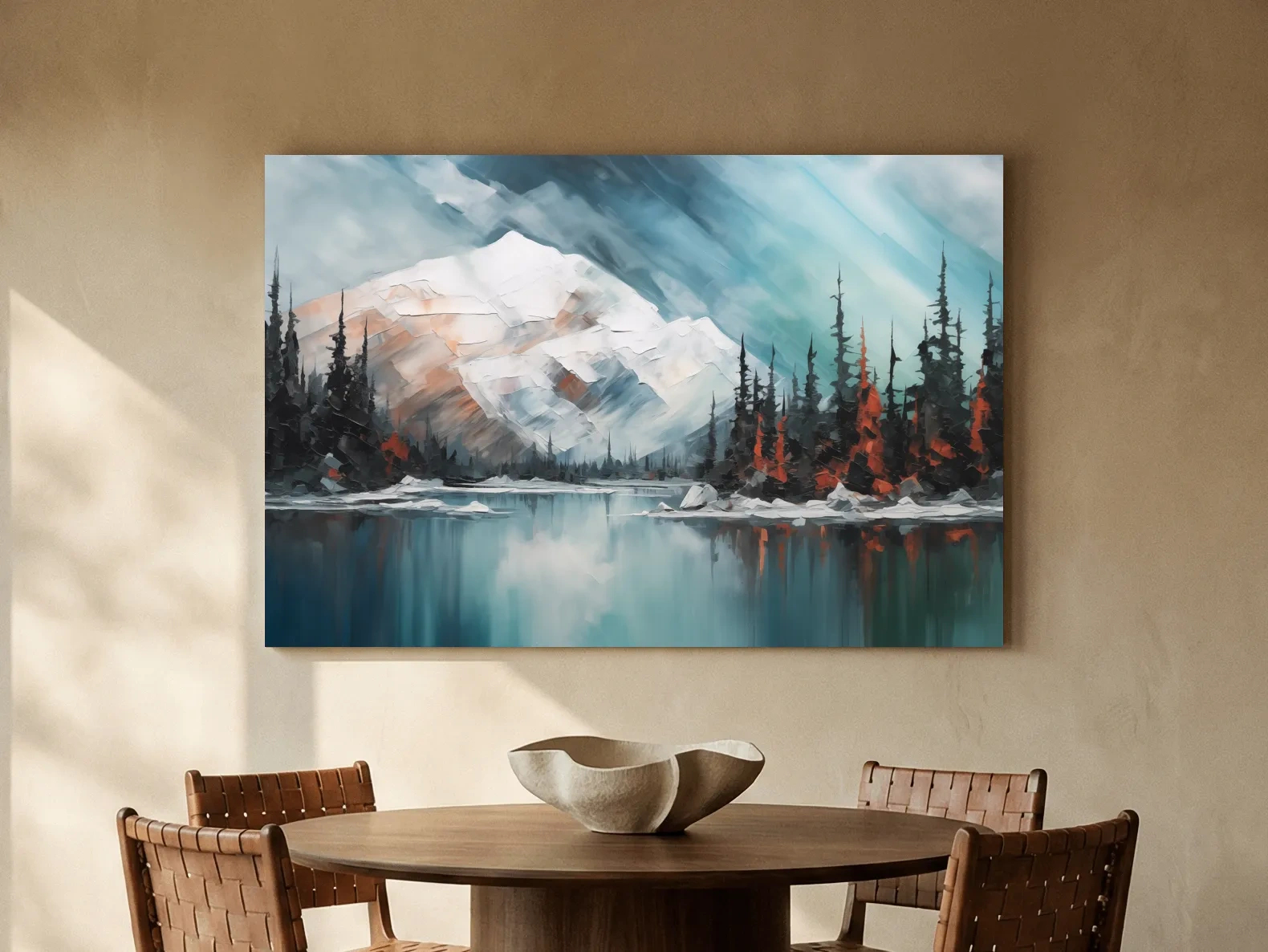Alpine Glacier Lake Impasto Style Painting - Textured Forest Wall Art
