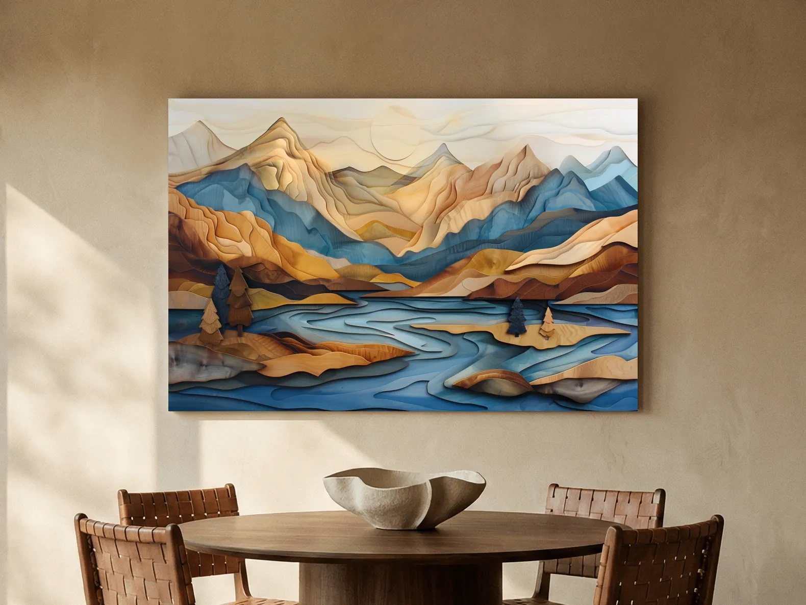 Wood Intarsia Style Alpine Mountain Lake Landscape - Modern Abstract Wall Art