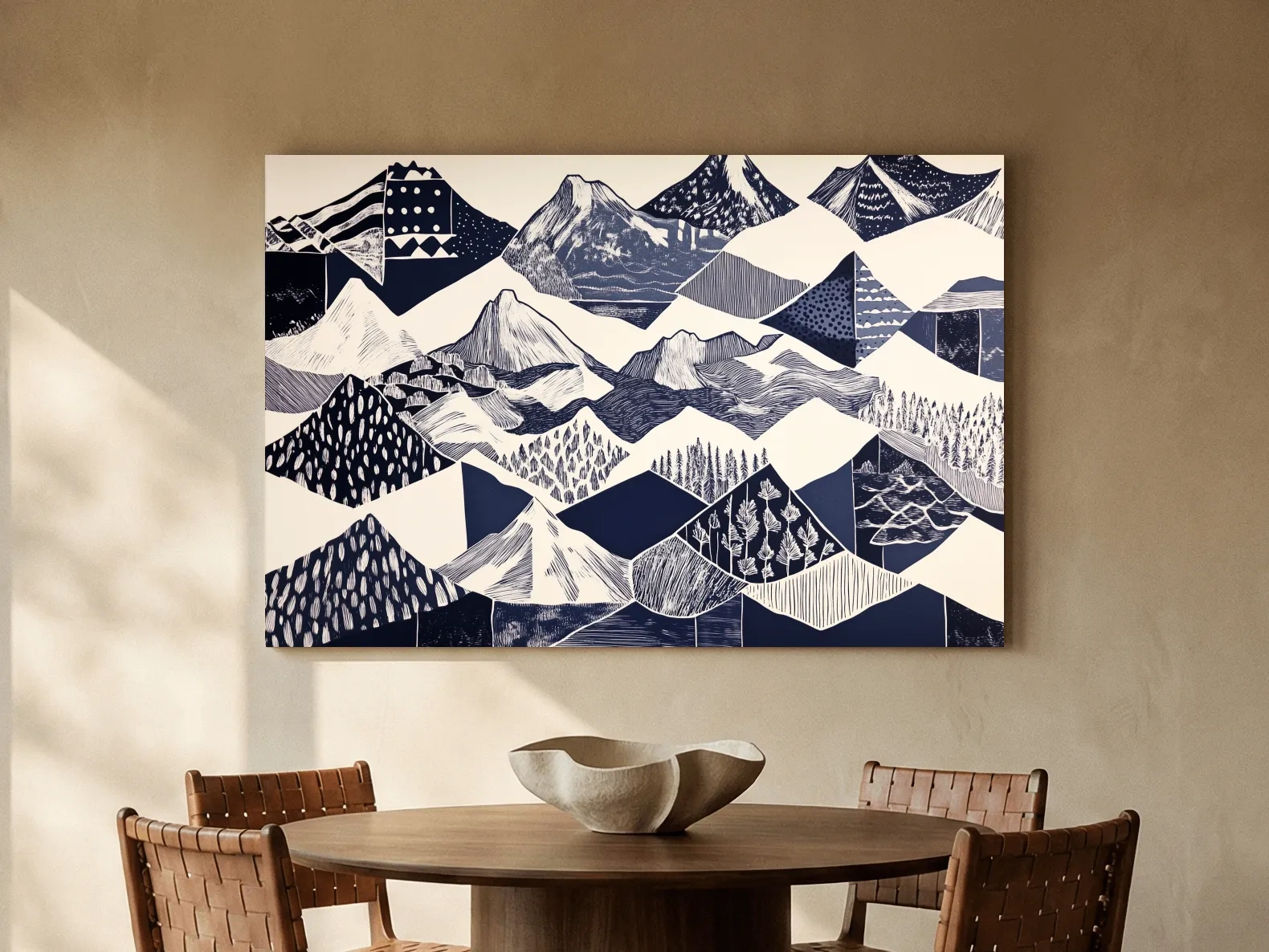 Linocut Patchwork Mountain Range Illustration - Modern Landscape Artwork