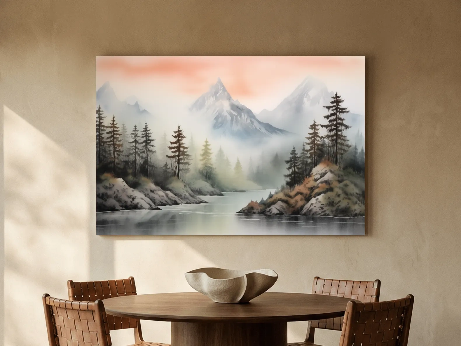 Misty Watercolor Mountain Lake Landscape - Serene Pine Forest Wall Art