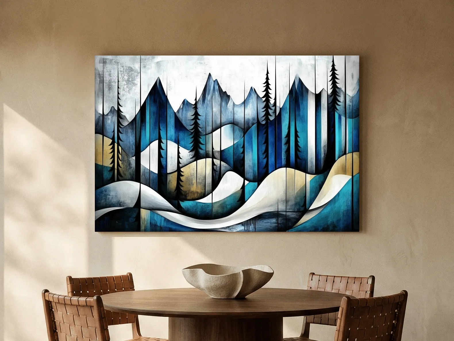 Abstract mountain painting, trees in the alpine, textured effect