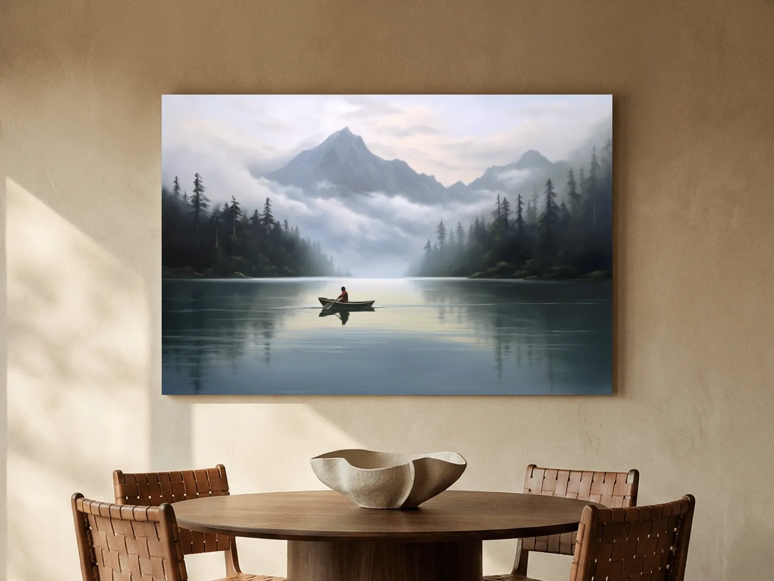 Misty Mountain Alpine Lake Canoe Scene - Serene Landscape Wall Art