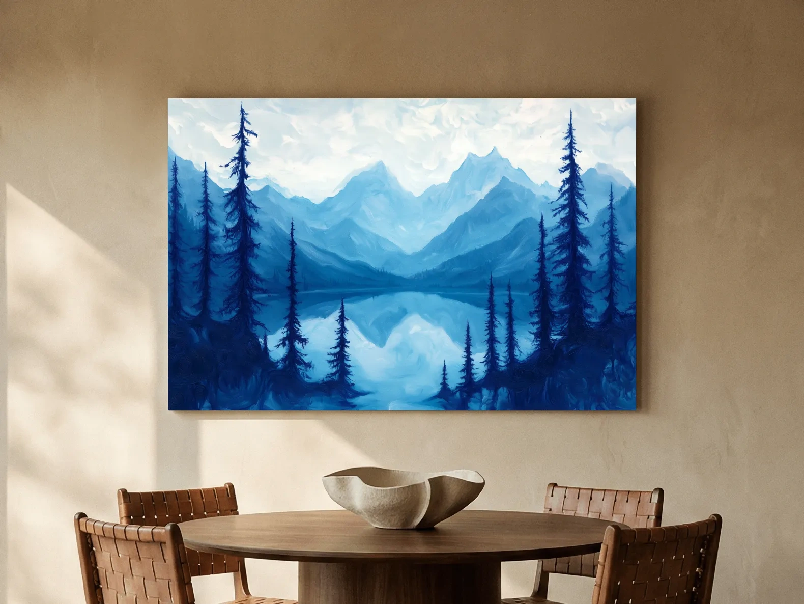 Serene Blue Mountain Lake Oil Painting - Alpine Forest Landscape Artwork