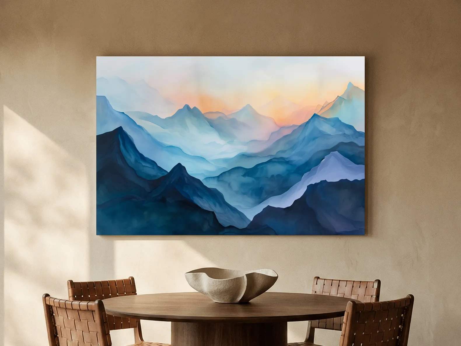 Misty Sunrise Watercolor Mountain Range - Serene Abstract Landscape Wall Art
