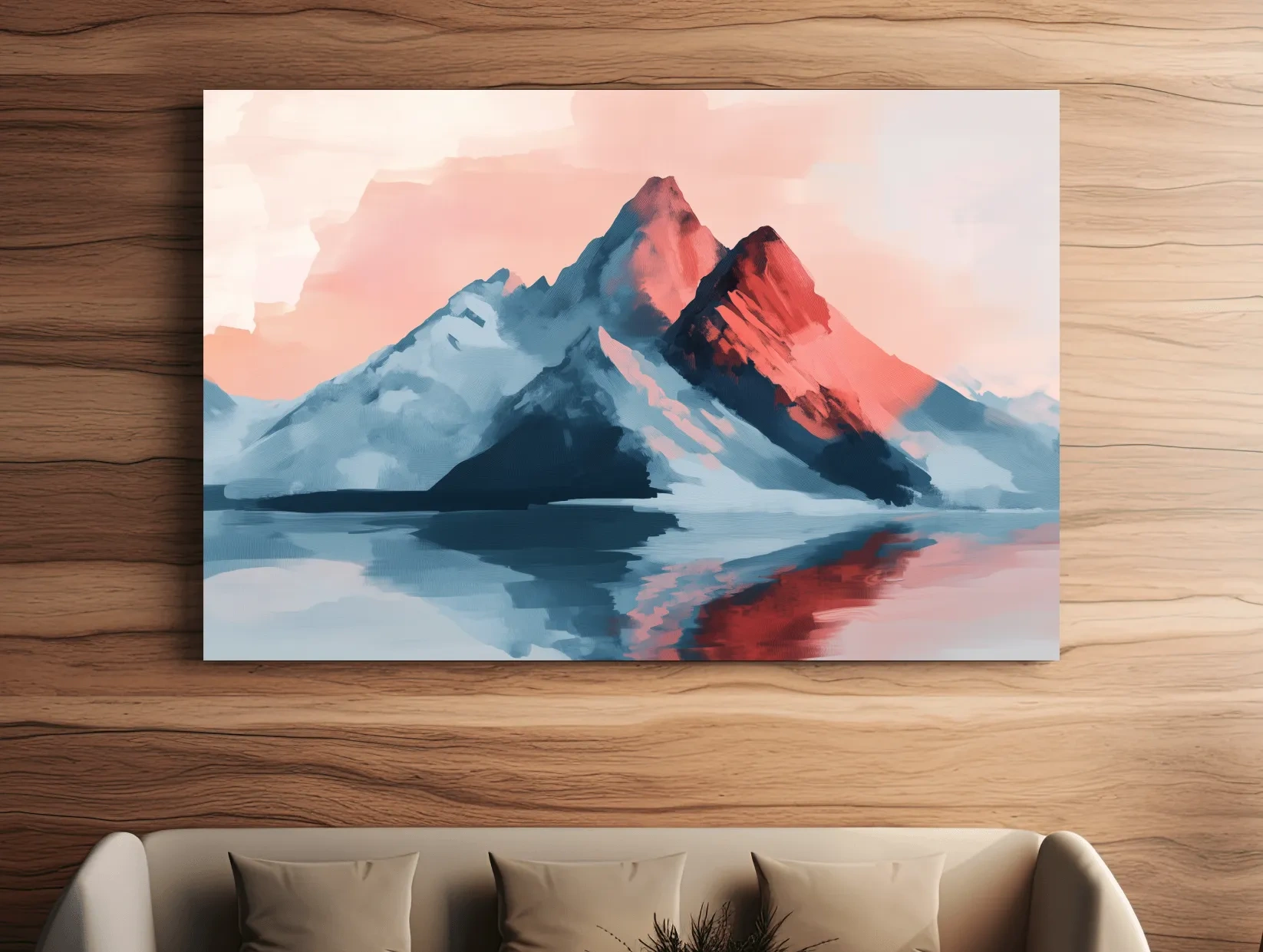 Pastel mountain painting at sunset, glacier reflecting on a lake