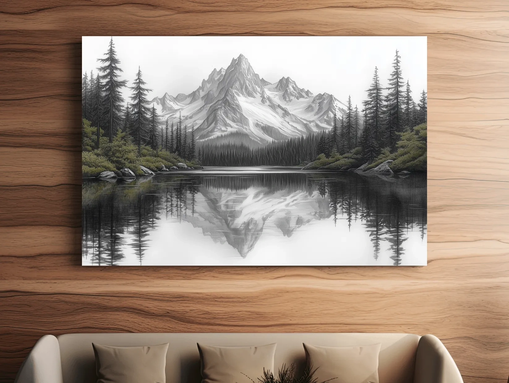 Monochrome Alpine Mountain Lake Reflection Sketch Artwork - Minimalist Forest Landscape Wall Art