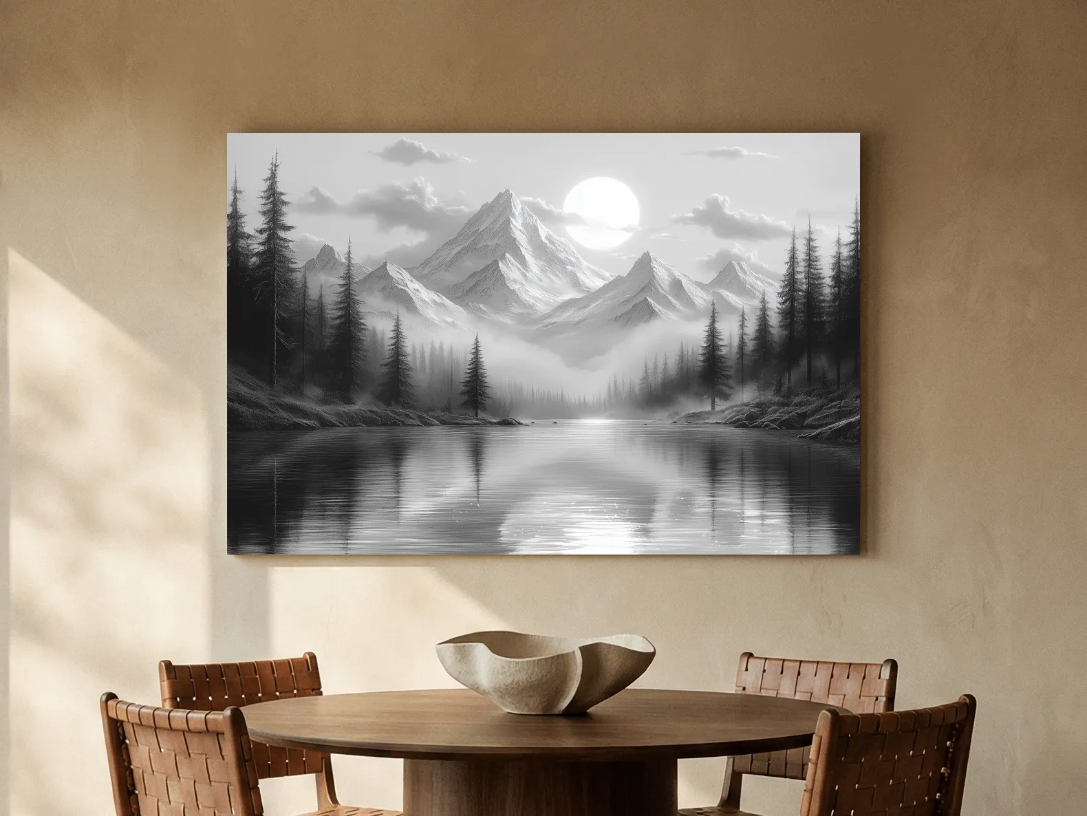 Monochrome Misty Alpine Lake Landscape - Mountain Forest Wall Art