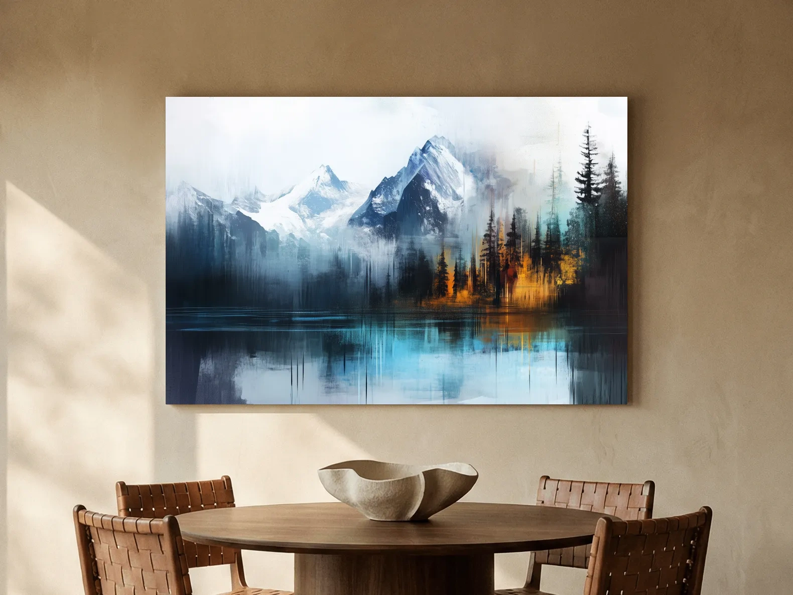 Misty Mountain & Lake Reflection - Abstract Painting Pine Forest Wall Art