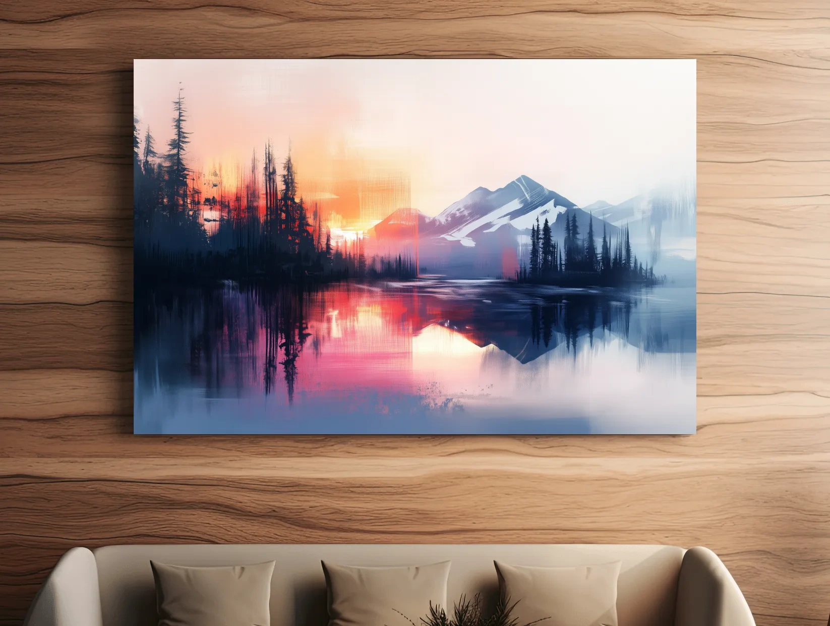 Vibrant Sunset Alpine Mountain Lake Reflection - Abstract Watercolor Forest Wall Art