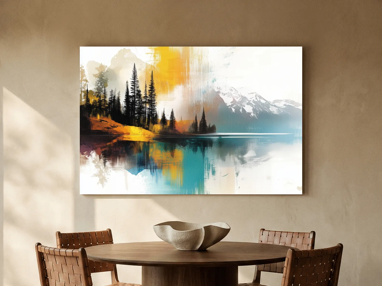 Colorful Abstract Mountain Lake Reflection Painting - Forest Landscape Wall Art