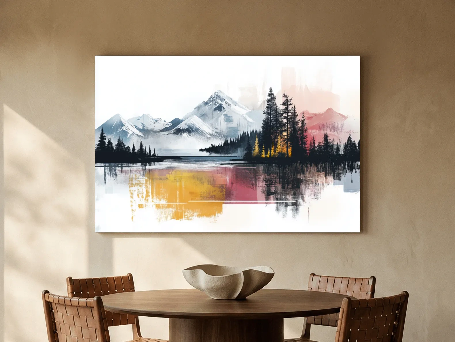 Abstract Misty Mountain Lake Painting - Modern Watercolor Pine Forest Art