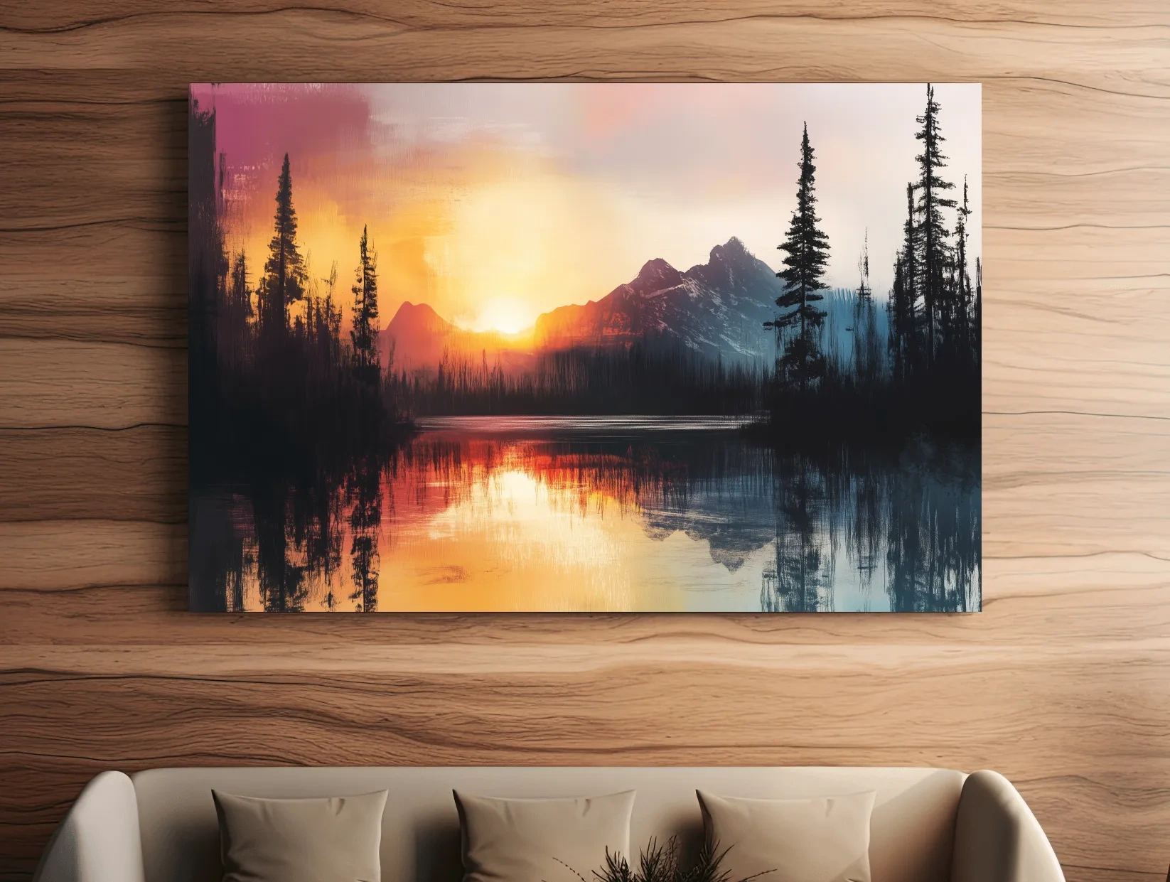 Sunset Mountain Lake Reflection Painting - Dramatic Pine Forest Landscape Wall Art